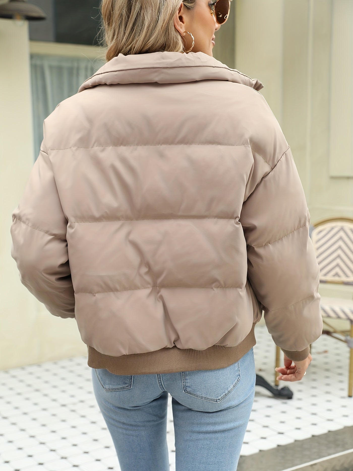 gbolsos Contrast Trim Slant Pockets Coat, Casual Zip Up Long Sleeve Coat For Winter, Women's Clothing