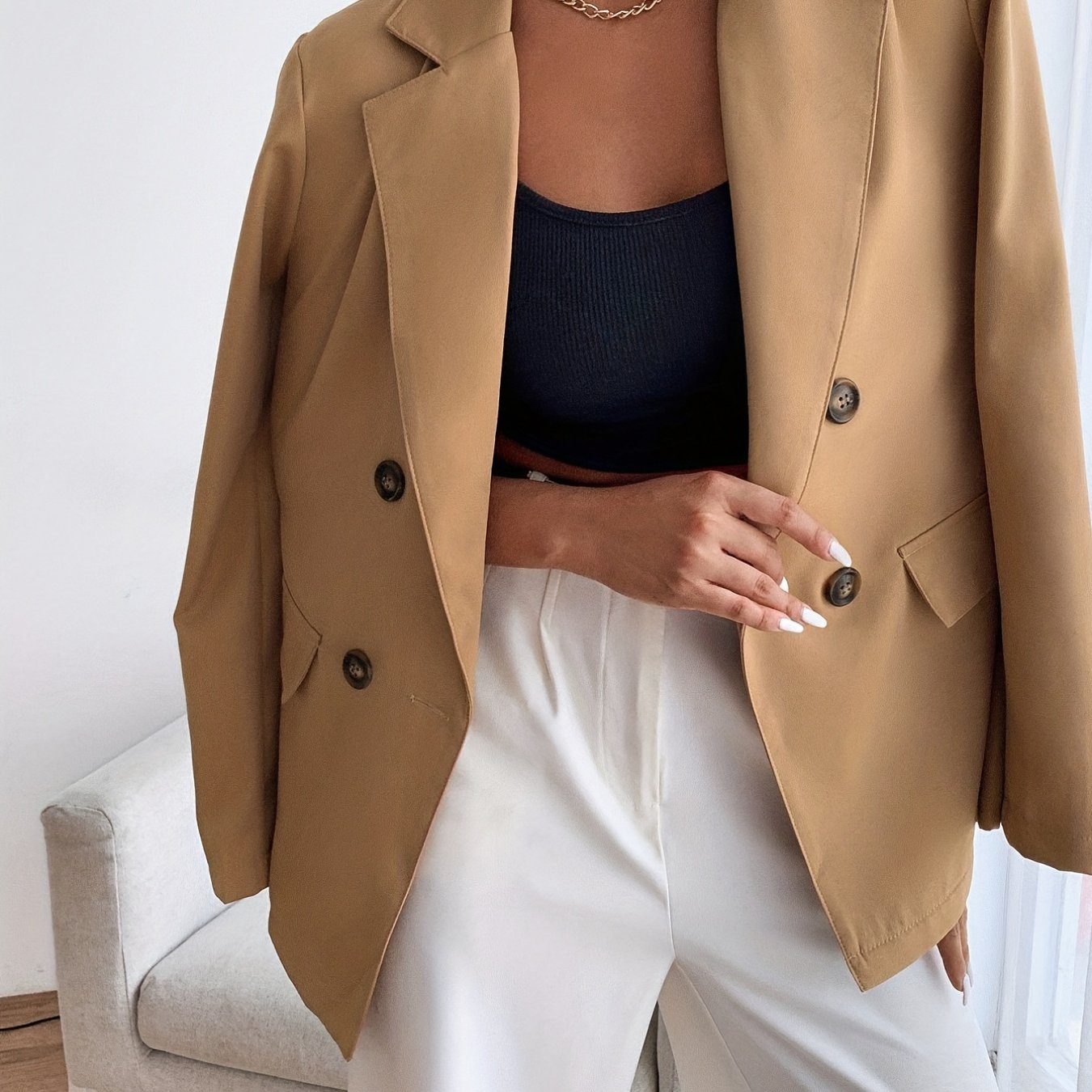 Double Breasted Lapel Blazer, Elegant Open Front Long Sleeve Outerwear, Women's Clothing