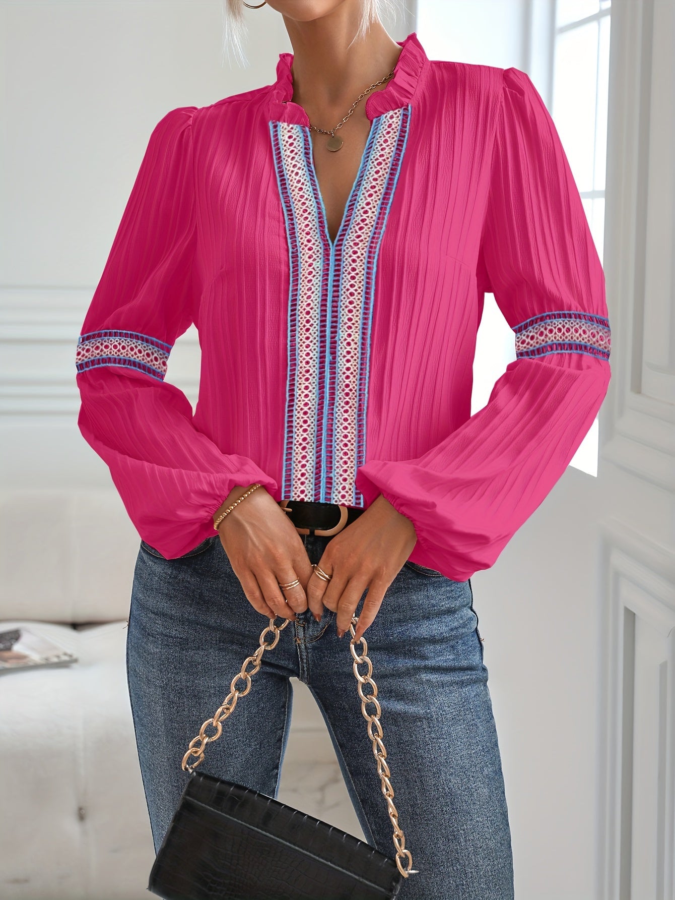 gbolsos Colorful Lace Stitching Blouse, Casual Long Sleeve Blouse For Spring & Fall, Women's Clothing