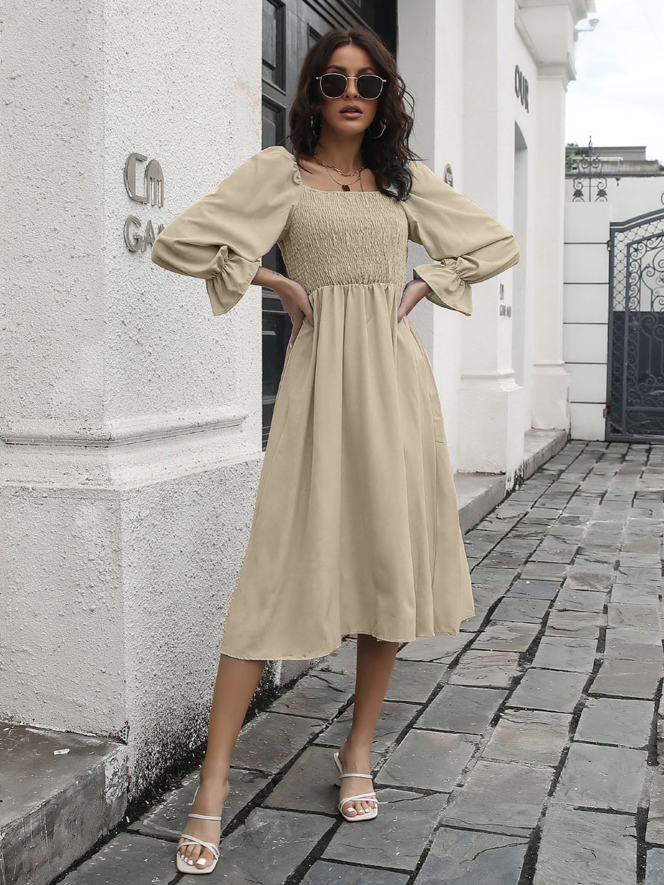 Women's Dresses Flared Sleeve T-Neck Long Sleeve Pleated Dresses