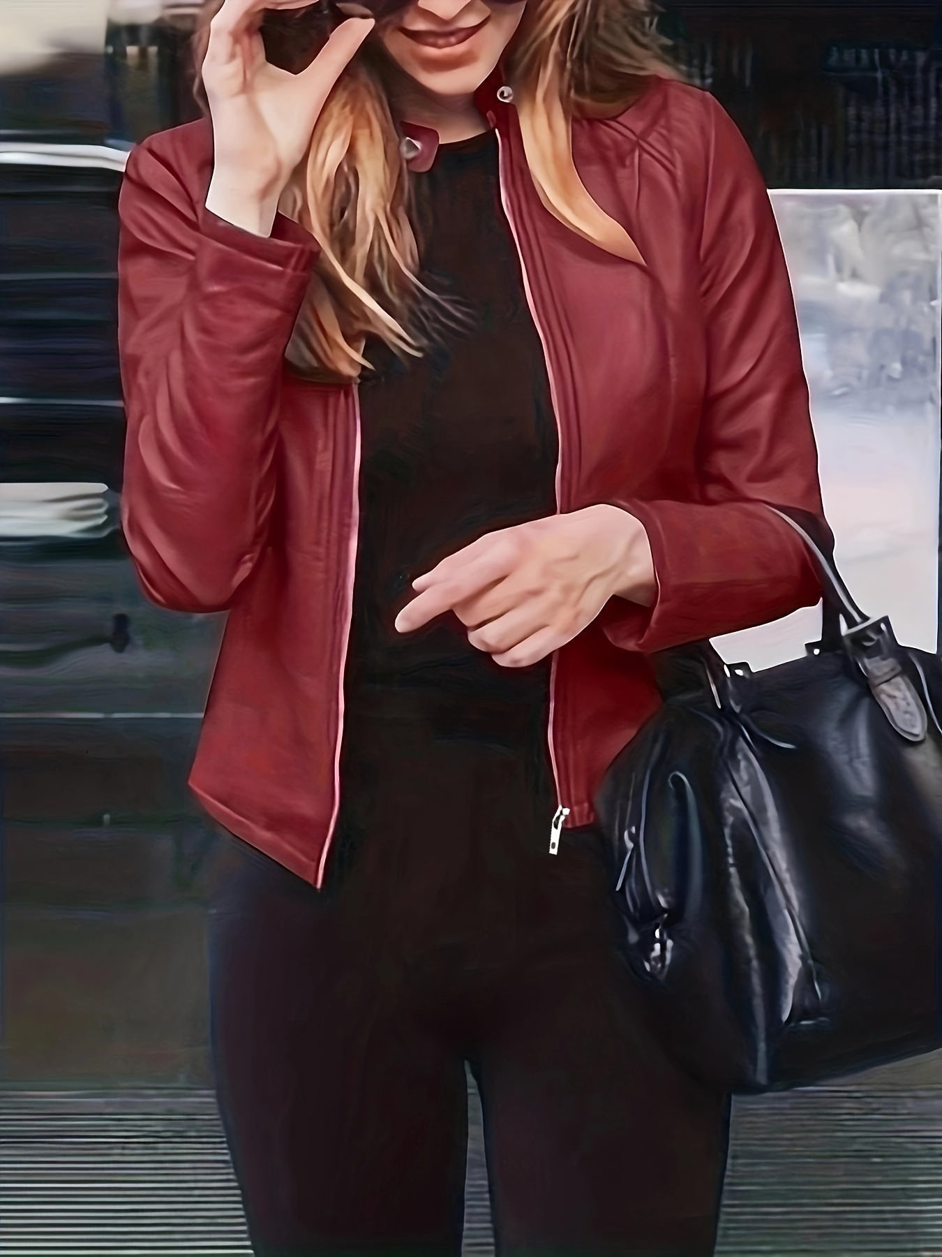 gbolsos Solid Zipper Front Faux Leather Crop Jacket, Casual Long Sleeve Lightweight Jacket For Fall & Spring, Women's Clothing