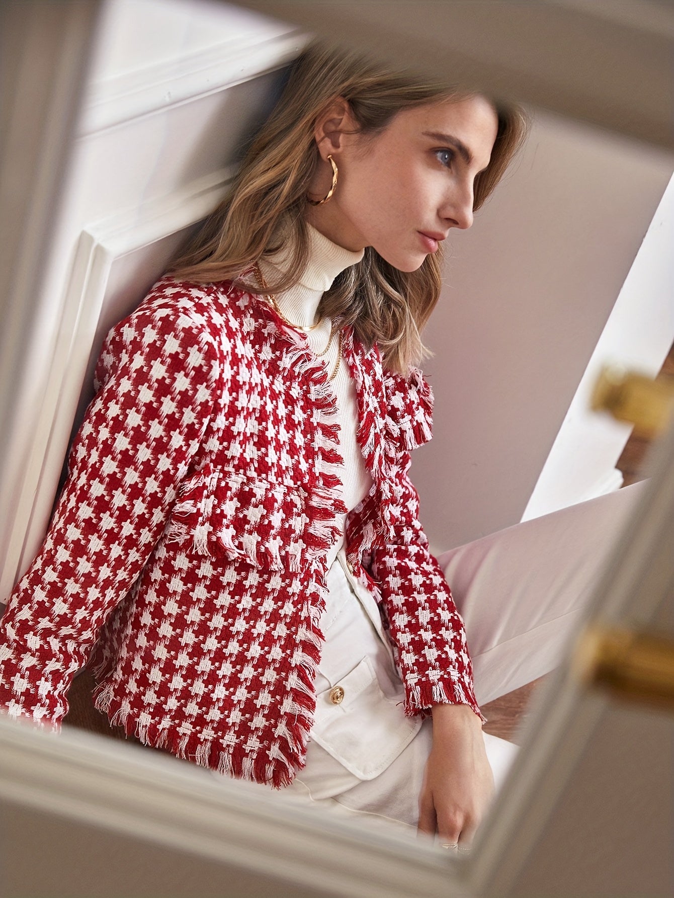 gbolsos Plaid Raw Hem Jacket, Casual Open Front Long Sleeve Outerwear, Women's Clothing