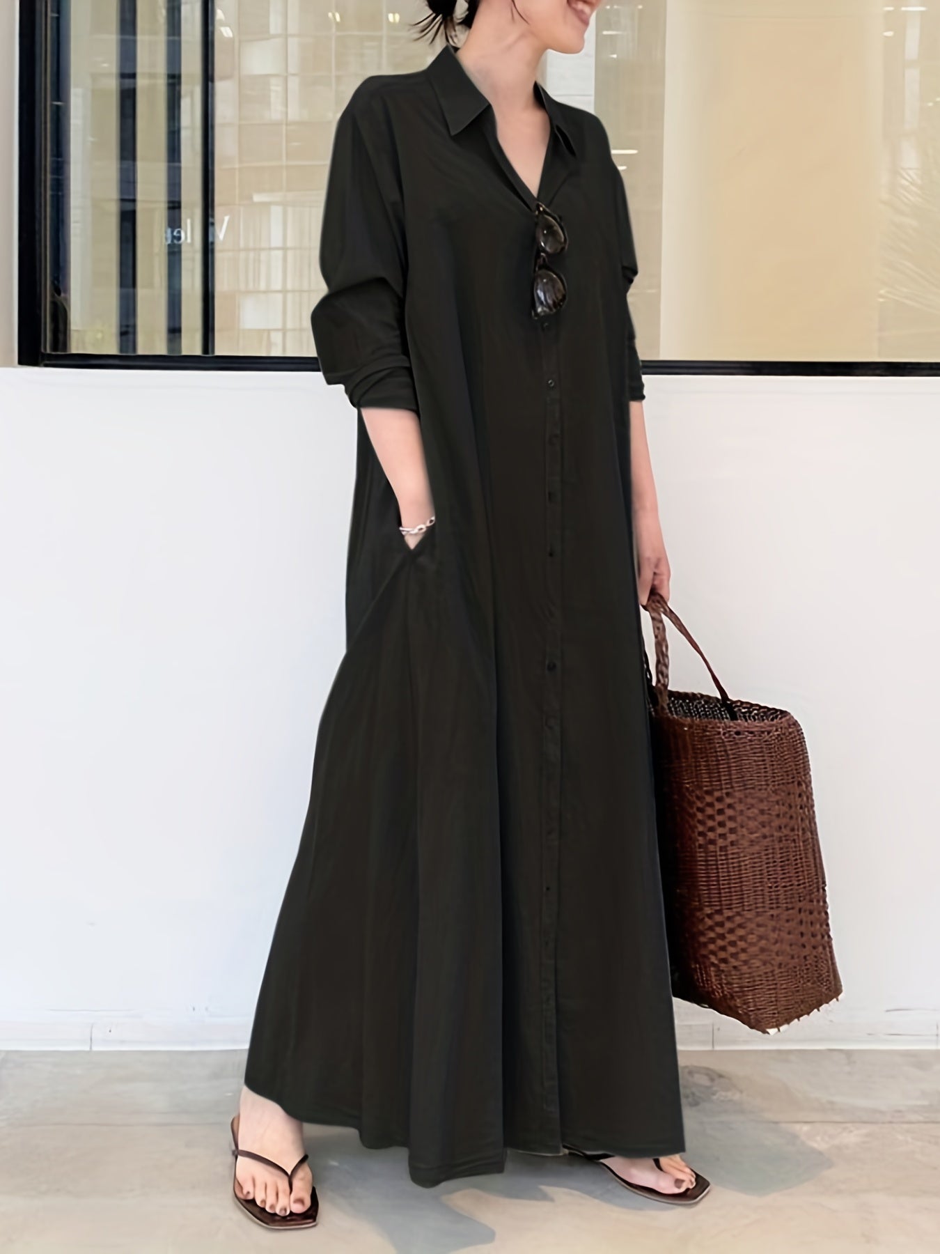 gbolsos Button Front Kaftan Dress, Casual Solid Long Sleeve Maxi Dress, Women's Clothing