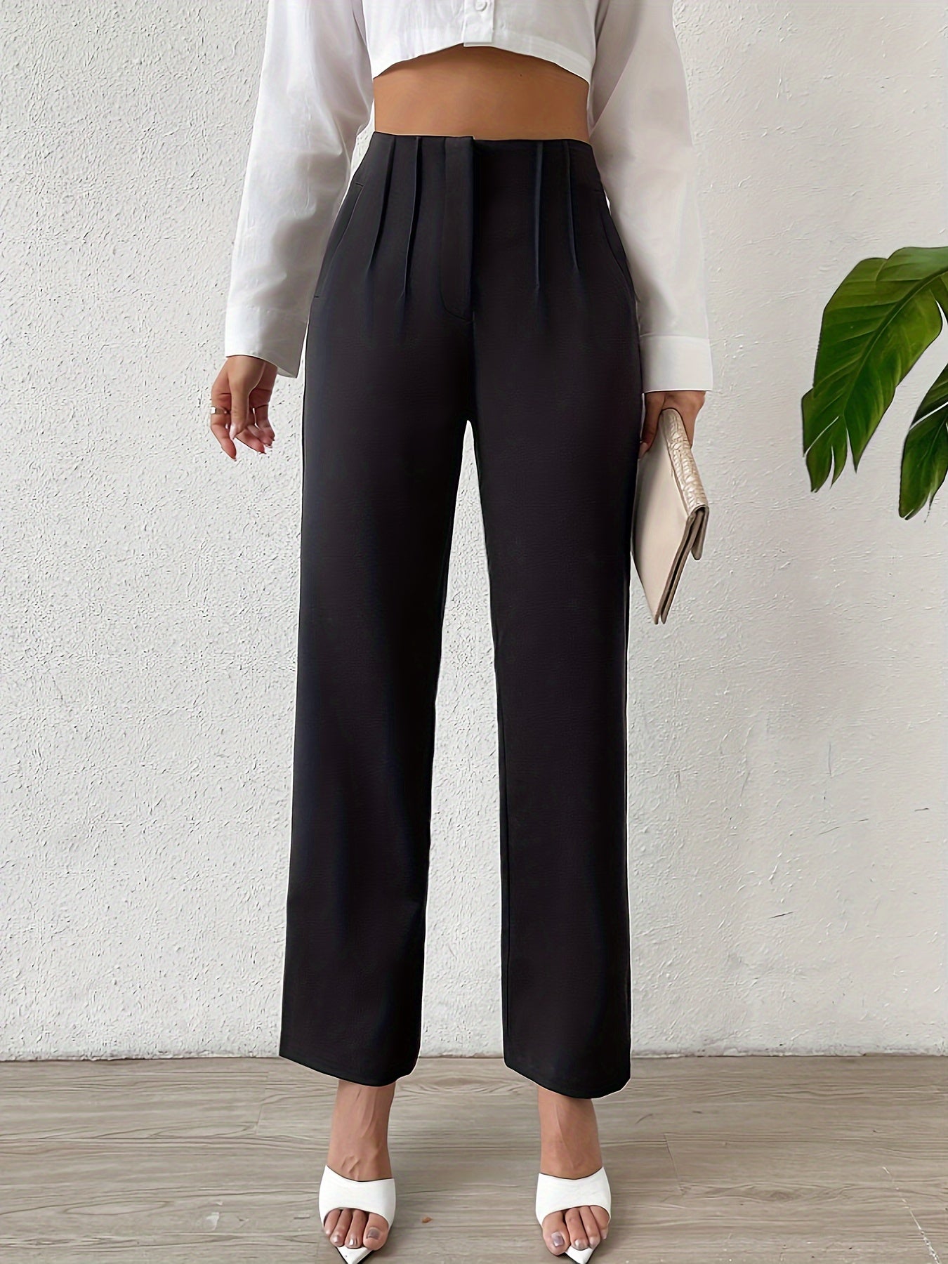 Solid Color Straight Leg Pants, Casual Skinny Ruched High Waist Pants For Spring & Summer, Women's Clothing