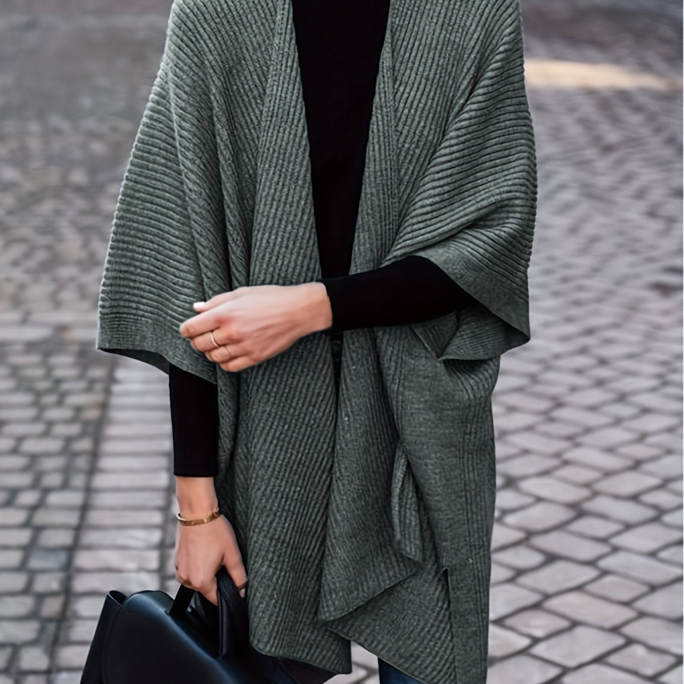 gbolsos Plus Size Retro Cardigan, Women's Plus Solid Ribbed Bat Sleeve Medium Stretch Cardigan