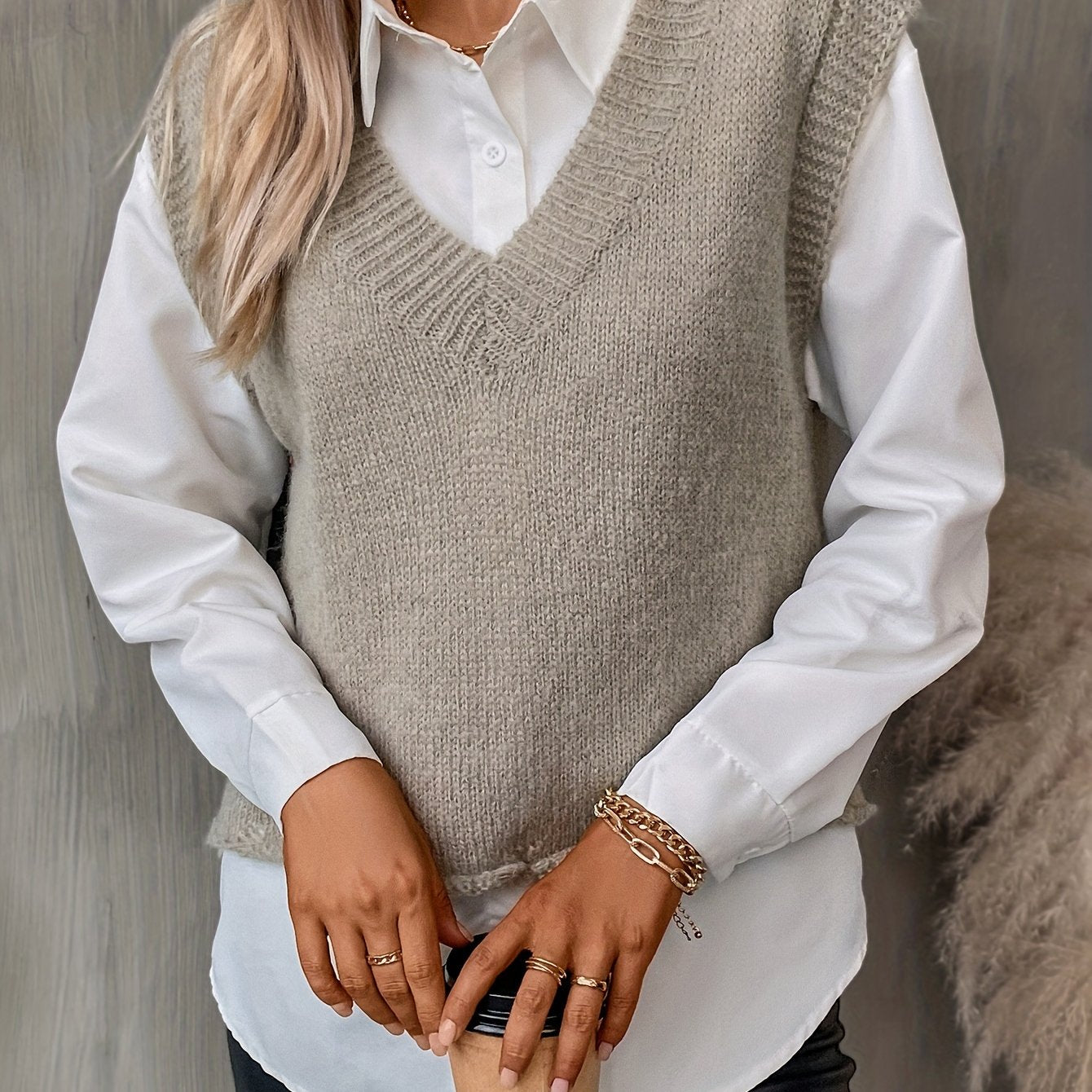 gbolsos Solid Color V Neck Pullover Sweater, Sleeveless Knitted Tank Top For Spring & Fall, Women's Clothing