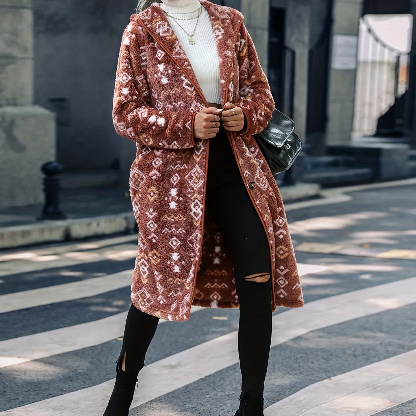 solvbao Plus Size Elegant Trench Coat, Women's Plus Argyle Print Teddy Fleece Long Sleeve Hoodie Slight Stretch Longline Trench Coat