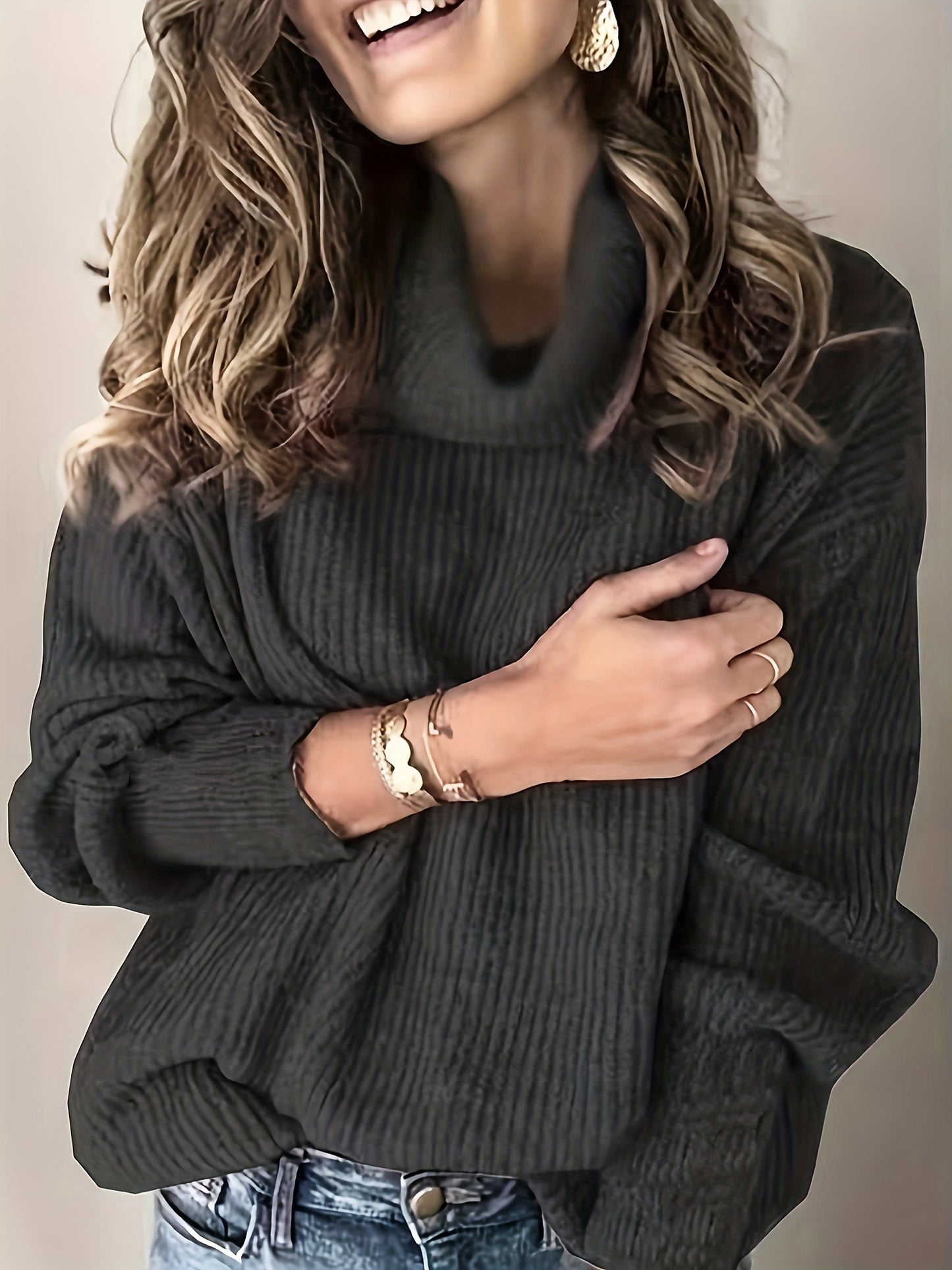 gbolsos Plus Size Casual Sweater, Women's Plus Solid Ribbed Turtle Neck Long Sleeve Medium Stretch Sweater