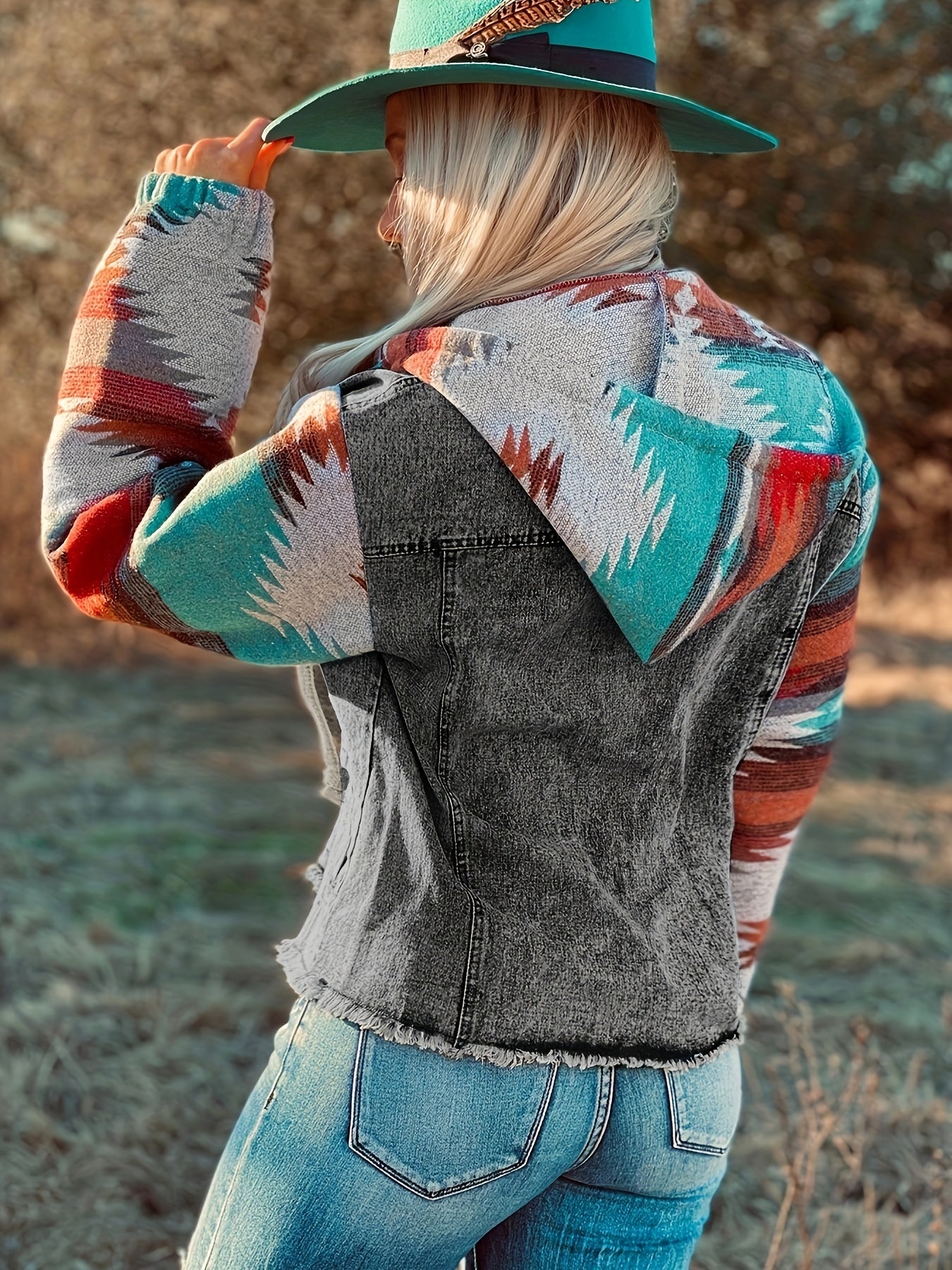 gbolsos Multicolor Aztec Print Frayed Hem Denim Jacket, Street Pockets Loose Outerwear, Women's Clothing