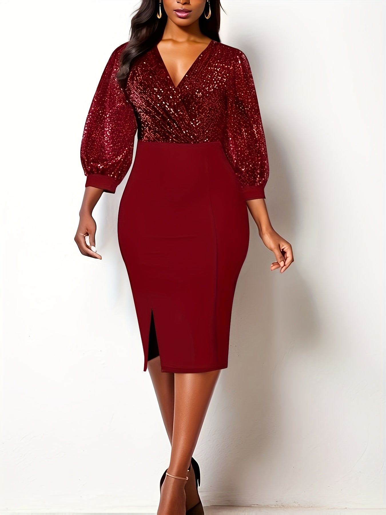 gbolsos Elegant Skinny Shiny Dress, Long Sleeve V-neck Dress For Party & Banquet, Women's Clothing