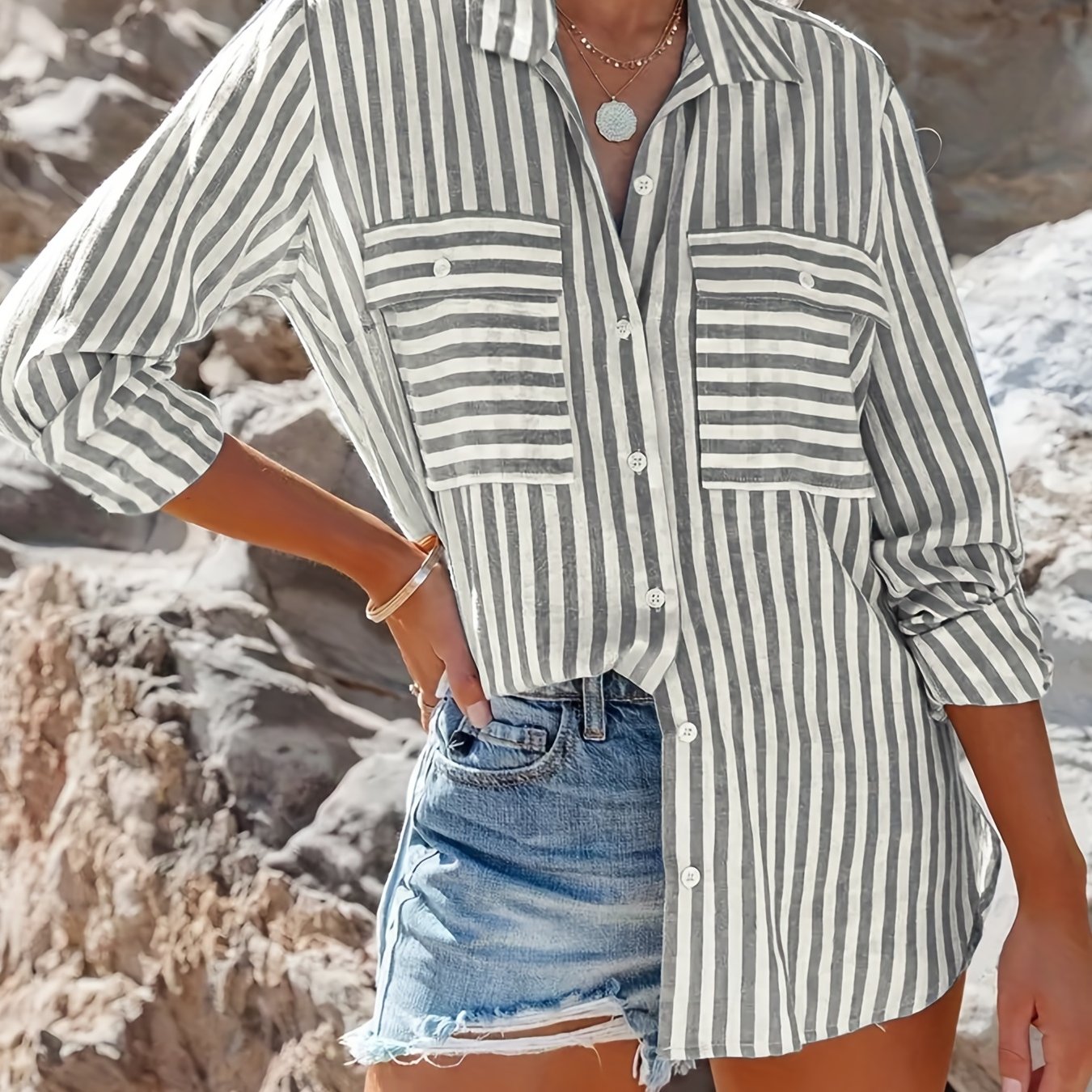 solvbao Plus Size Casual Blouse, Women's Plus Stripe Print Long Sleeve Button Up Blouse With Flap Pockets
