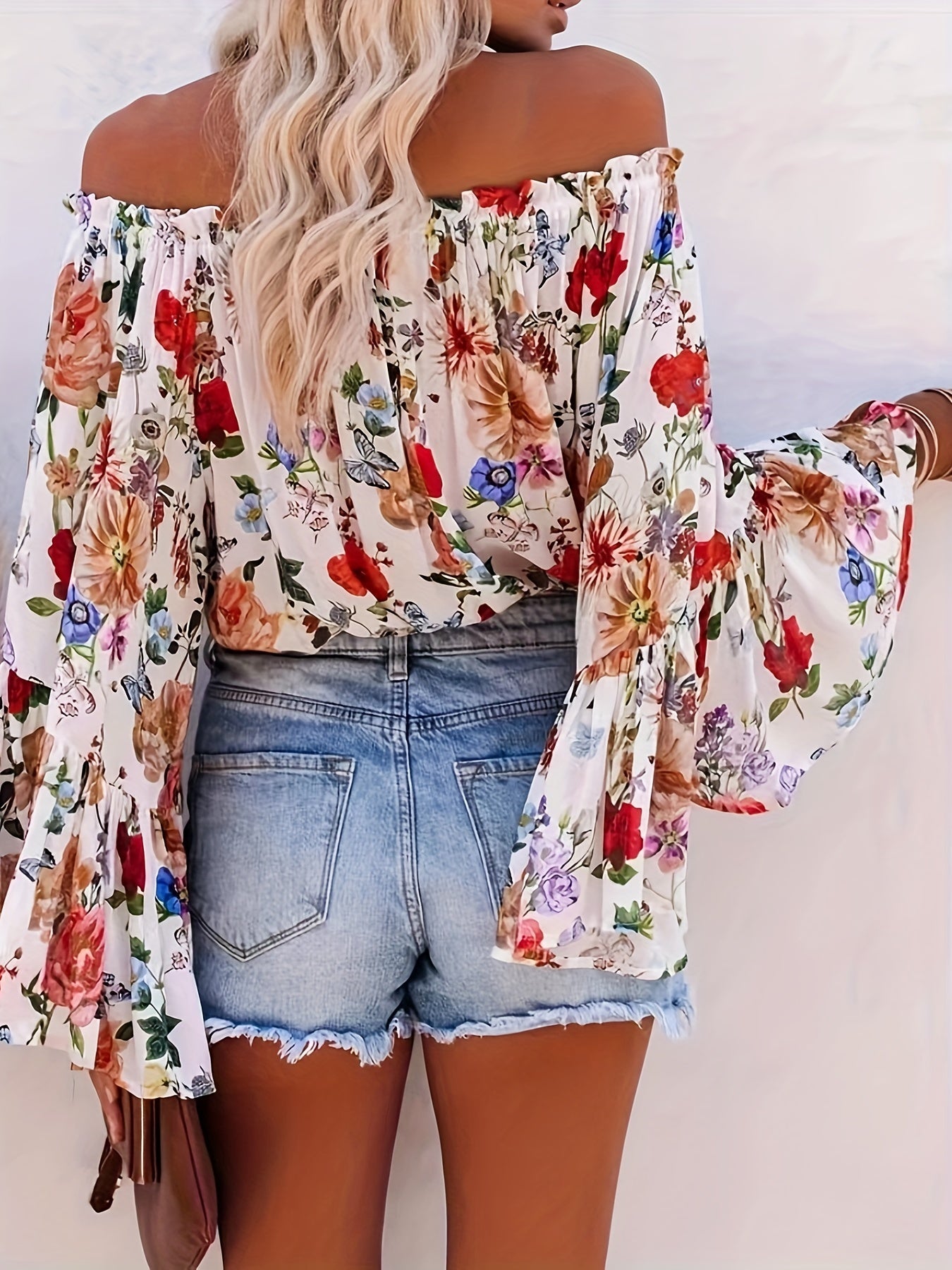 gbolsos Vintage Floral Print Blouse, Vacation Off Shoulder Flared Sleeve Blouse, Women's Clothing