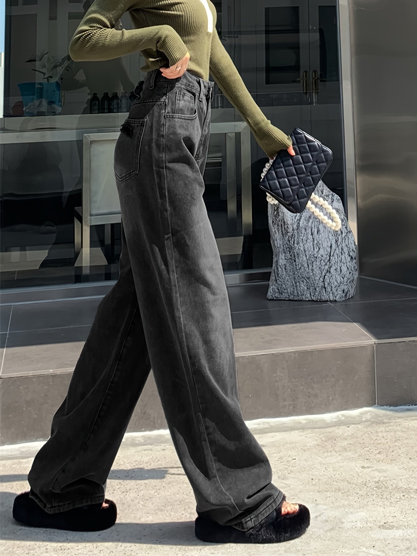 gbolsos High Waist Washed Wide Leg Jeans, Slant Pocket Loose Casual Baggy Jeans, Women's Denim Jeans & Clothing