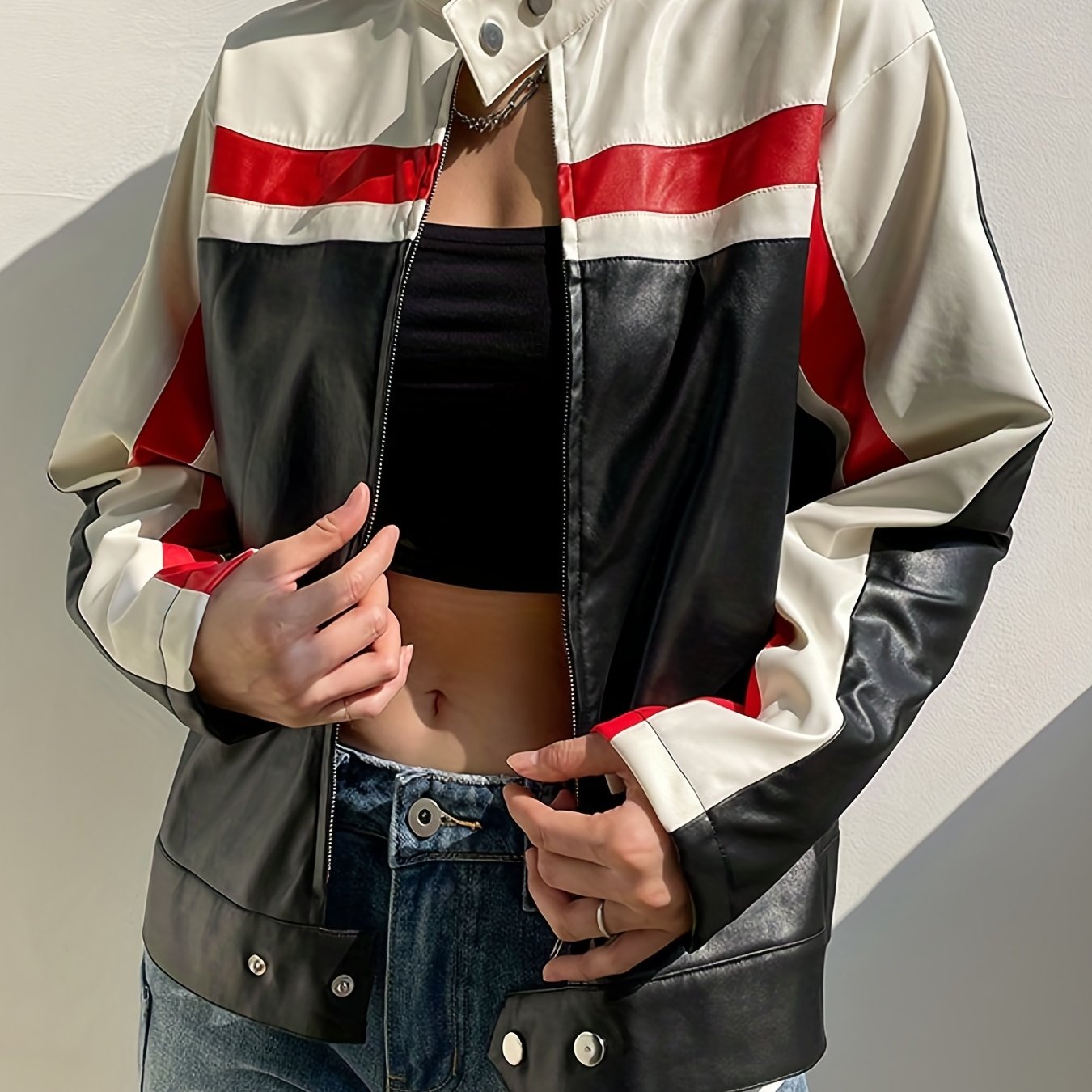 gbolsos Color Block Zip Up Jacket, Streetwear Long Sleeve Outerwear, Women's Clothing