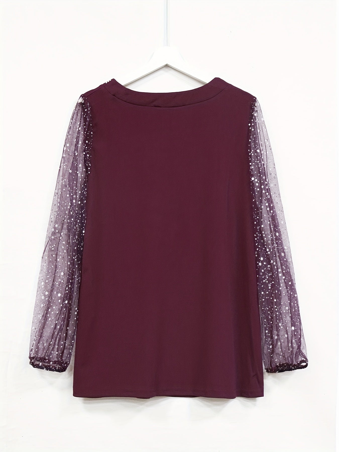 Plus Size Sexy Top, Women's Plus Solid Contrast Mesh Sequins & Rhinestone Decor Long Sleeve V Neck Top
