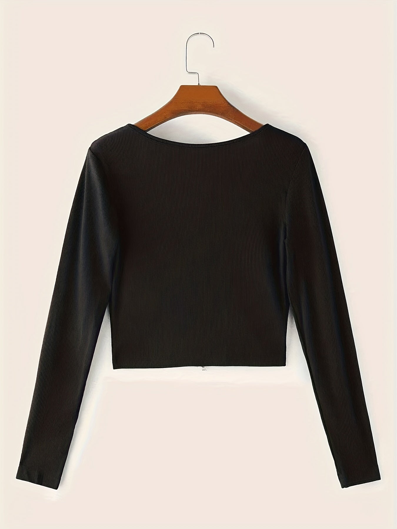 gbolsos Letter Rhinestone Notched Neck Knitted Top, Casual Long Sleeve Crop Slim Sweater, Women's Clothing