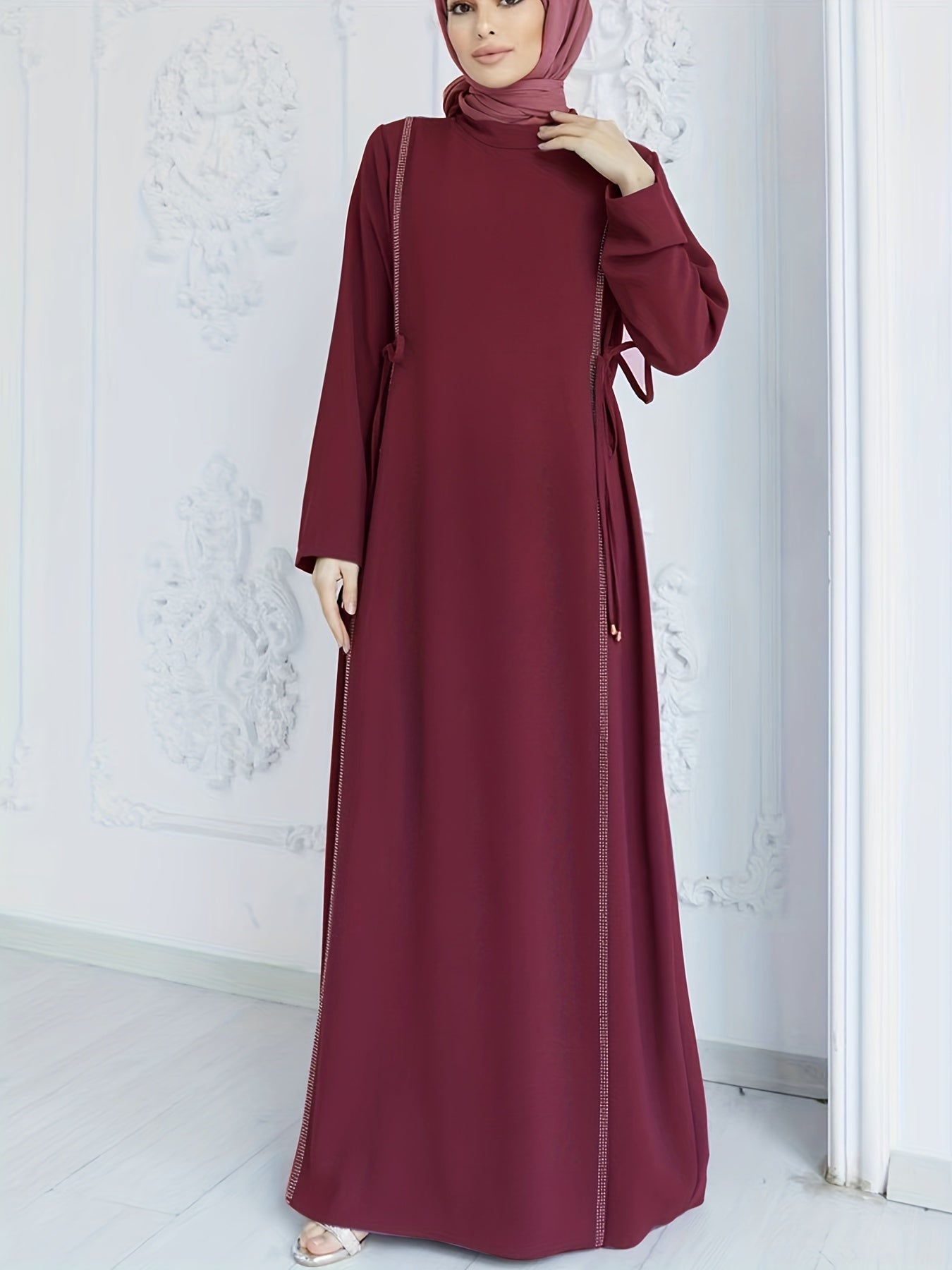 Rhinestone Kaftan Dress, Casual Long Sleeve High Collar Solid Dress, Women's Clothing