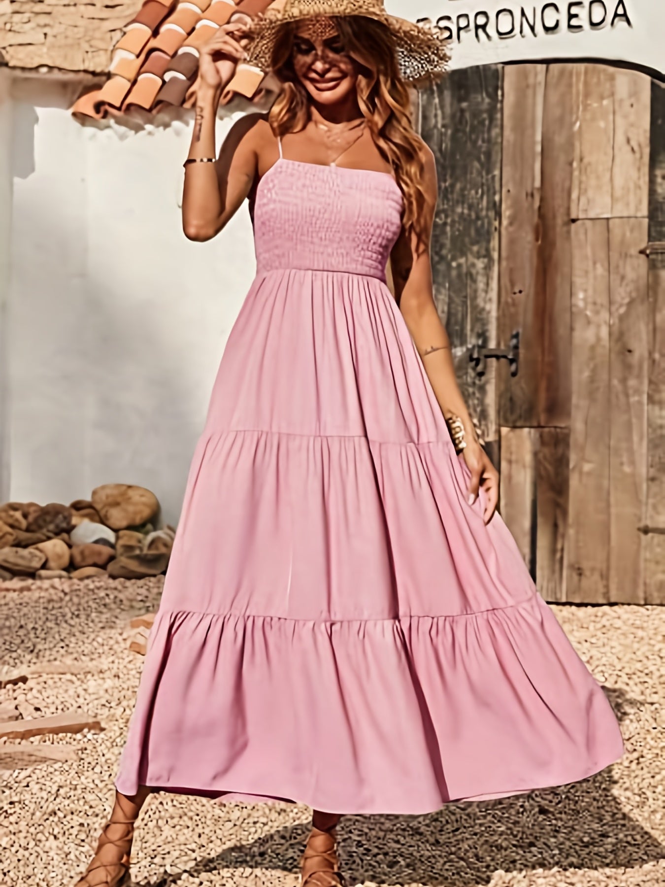 gbolsos Shirred Cami Dress, Vacation Spaghetti Sleeveless High Waist Ruched Dress, Women's Clothing