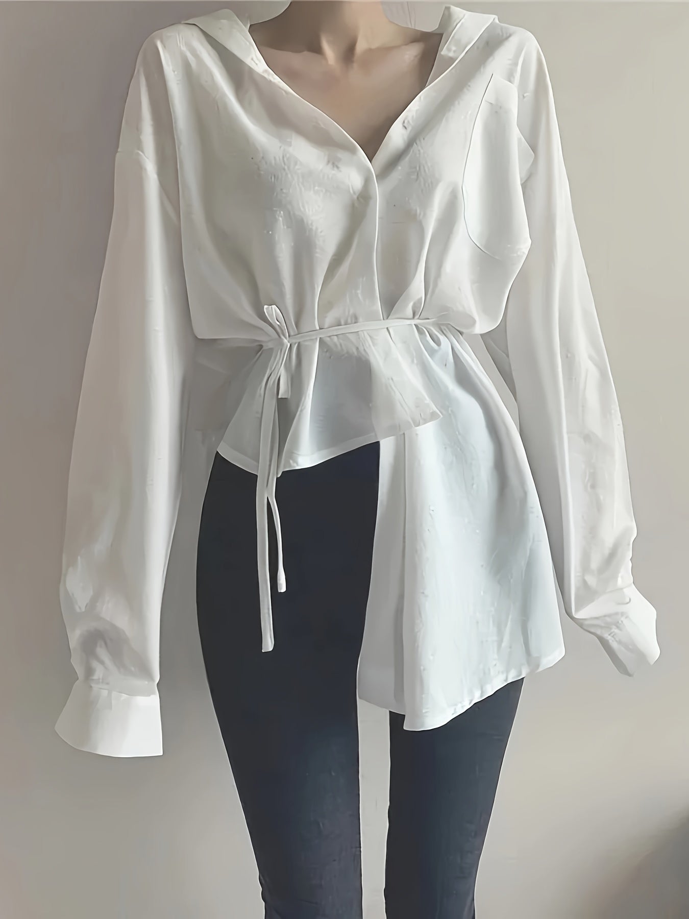 gbolsos Solid Tie Waist Asymmetrical Hem Blouse, Versatile Long Sleeve Button Front Blouse, Women's Clothing
