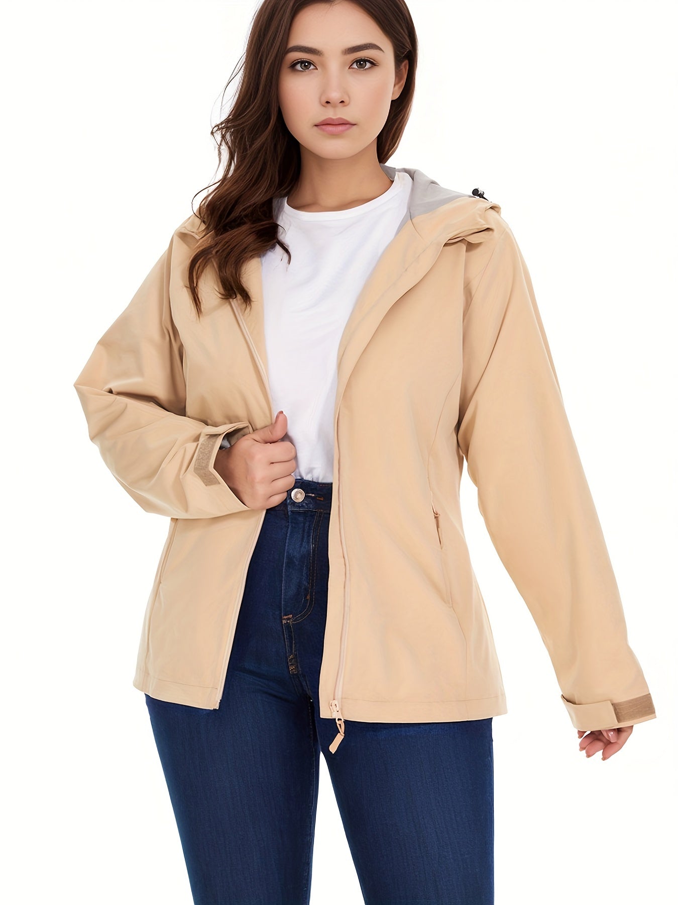 gbolsos Solid Zip Up Hooded Jacket, Casual Long Sleeve Versatile Outerwear, Women's Clothing
