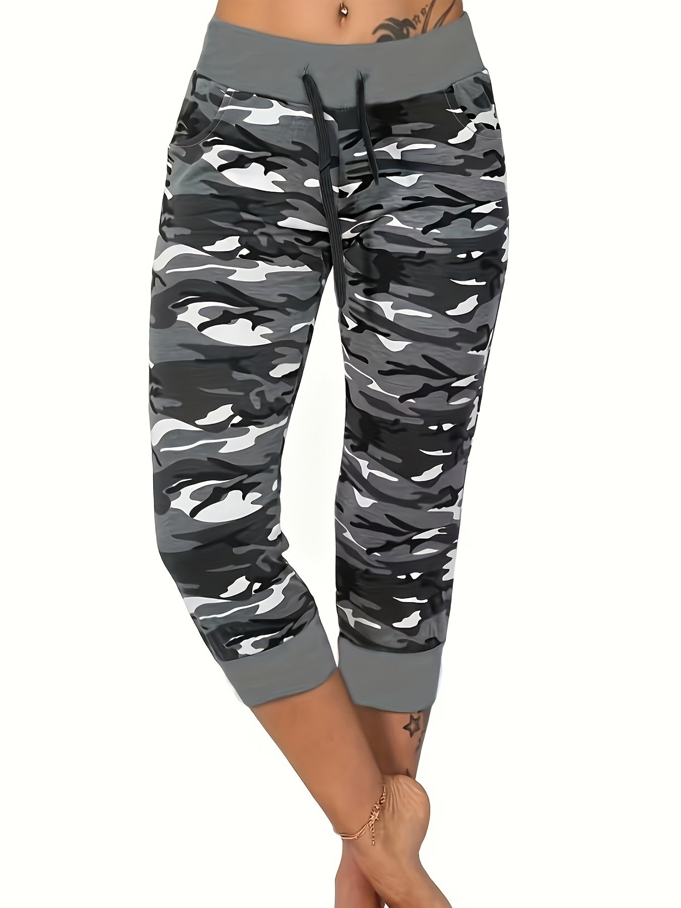 gbolsosCamo Print Drawstring Leggings, Casual Slim Summer Random Printing Leggings, Women's Clothing