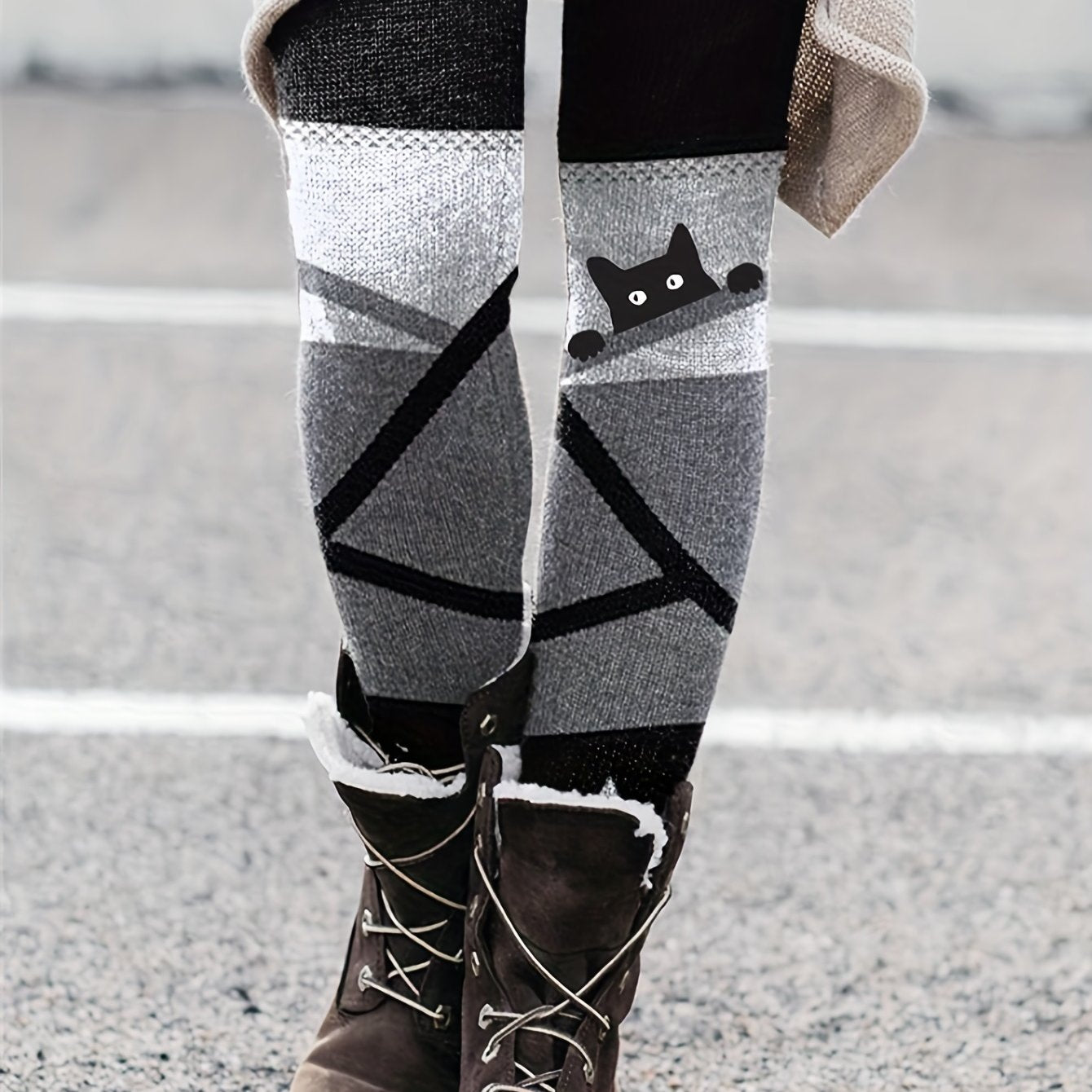 gbolsosCat & Stripe Print Skinny Leggings, Casual Every Day Stretchy Leggings, Women's Clothing