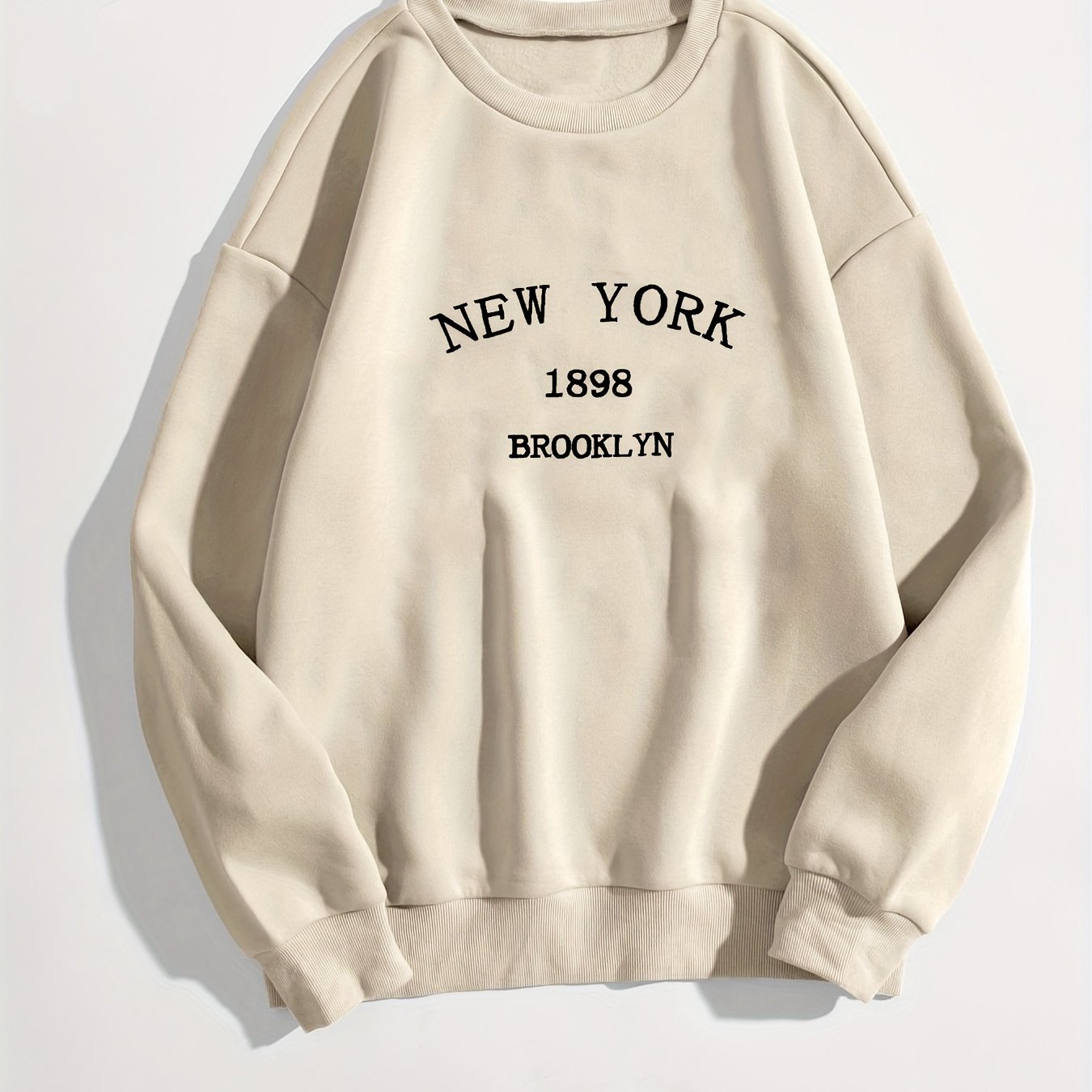 New York Brooklyn Print Loose Sweatshirt, Casual Long Sleeve Crew Neck Sweatshirt, Women's Clothing