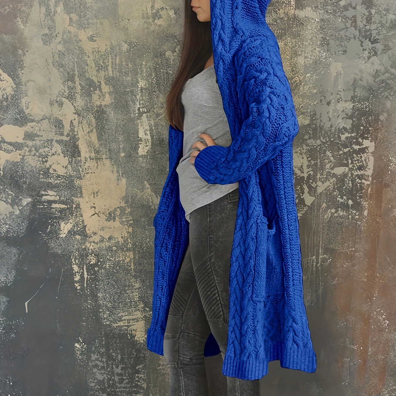 Chunky Knit Hooded Cardigan, Solid Long Open Front Sweater, Casual Cardigan For Fall & Winter, Women's Clothing