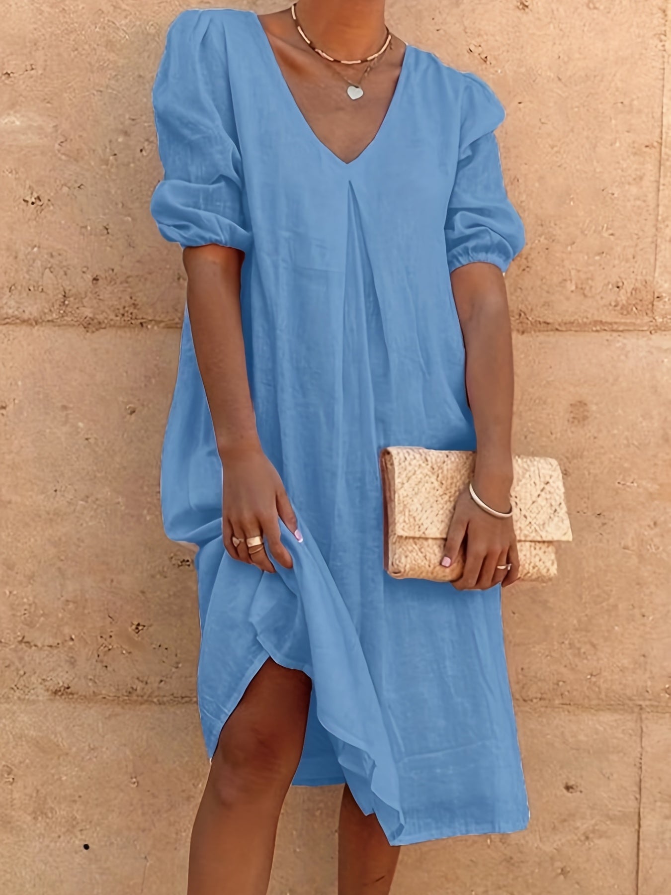 Solid V Neck Dress, Casual Short Sleeve Dress For Spring & Summer, Women's Clothing