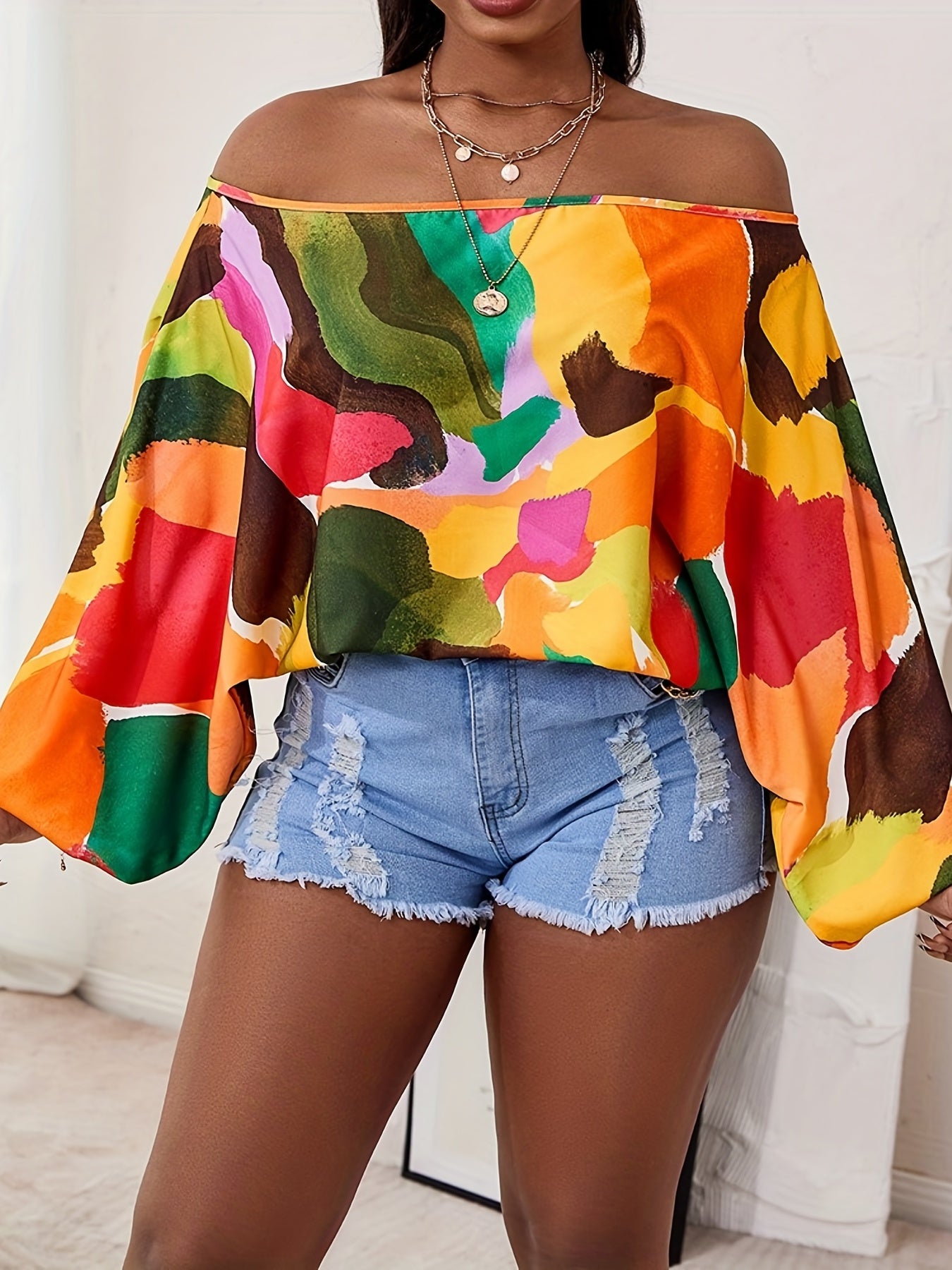 gbolsos Colorful Print Off Shoulder Top, Casual Long Lantern Sleeve T-Shirt For Spring & Fall, Women's Clothing