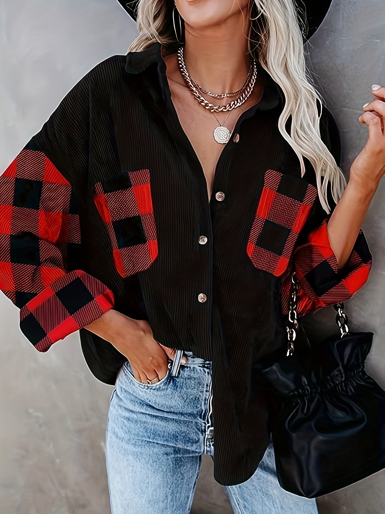 gbolsos Plaid Print Splicing Shirt, Casual Button Front Long Sleeve Shirt, Women's Clothing