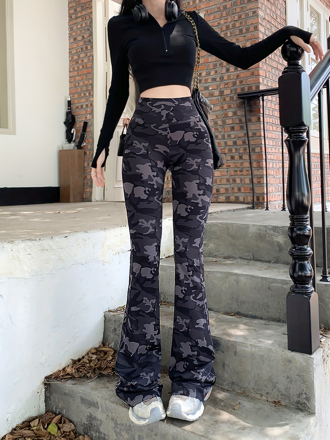 gbolsos Camo Print High Waist Pants, Casual Slim Pants For Spring & Summer, Women's Clothing