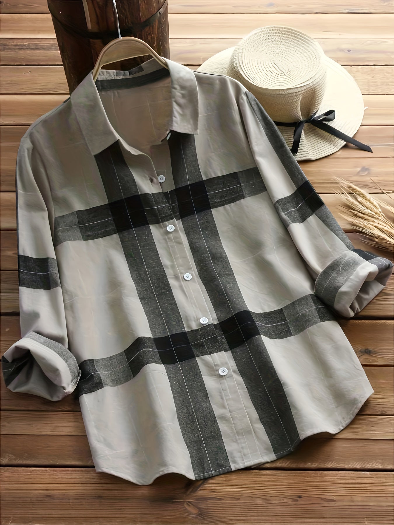 Plaid Print Shirt, Casual Button Front Long Sleeve Collar Shirt, Women's Clothing
