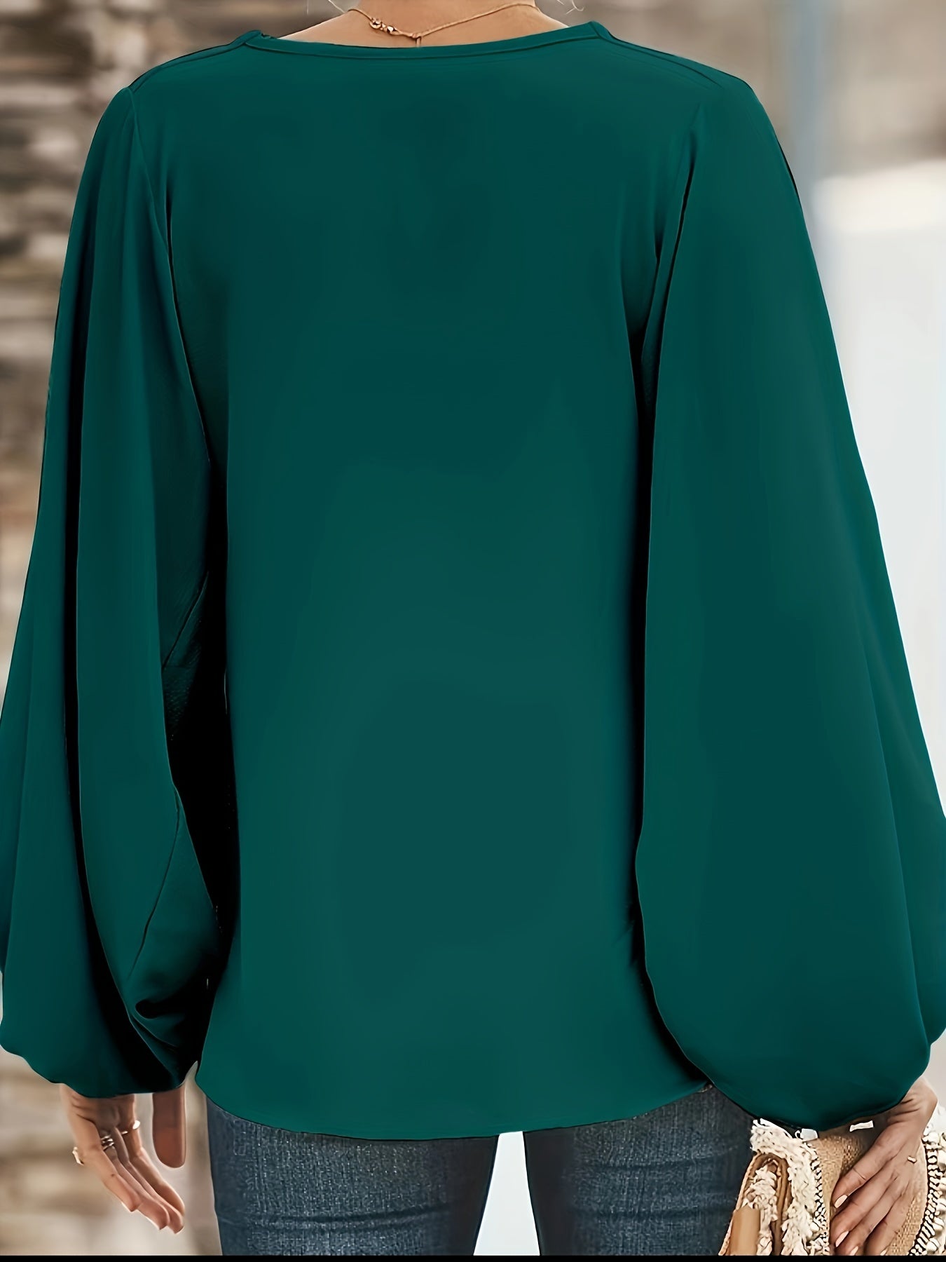 solvbao Plus Size Casual Top, Women's Plus Solid Lantern Sleeve Round Neck Medium Stretch Top