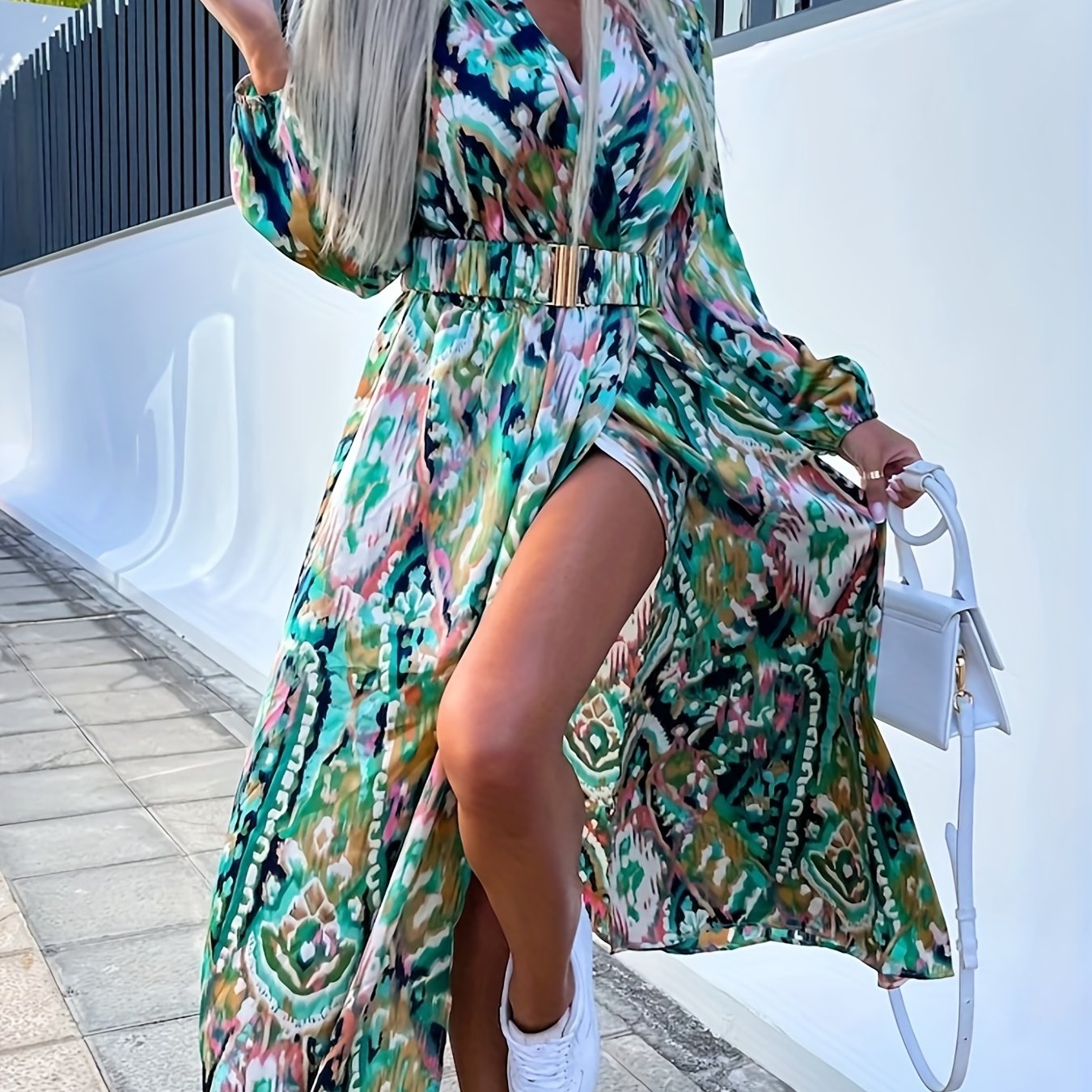 gbolsos Full Printed Surplice Neck Dress, Boho Long Sleeve Maxi Dress, Women's Clothing