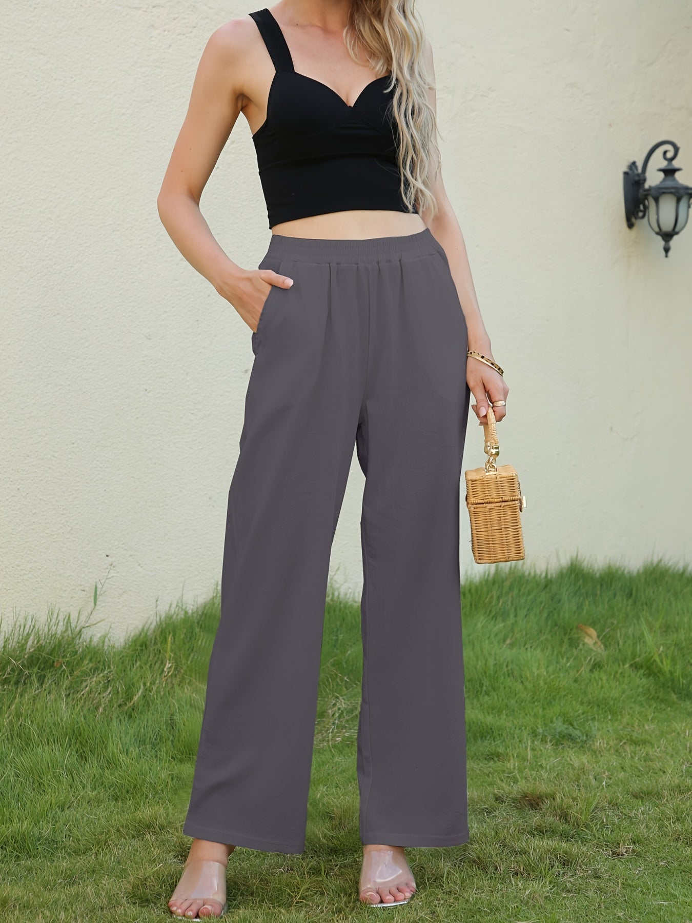 gbolsos Solid Wide Leg Elastic Waist Pants, Casual Dual Pockets Loose Pants, Women's Clothing