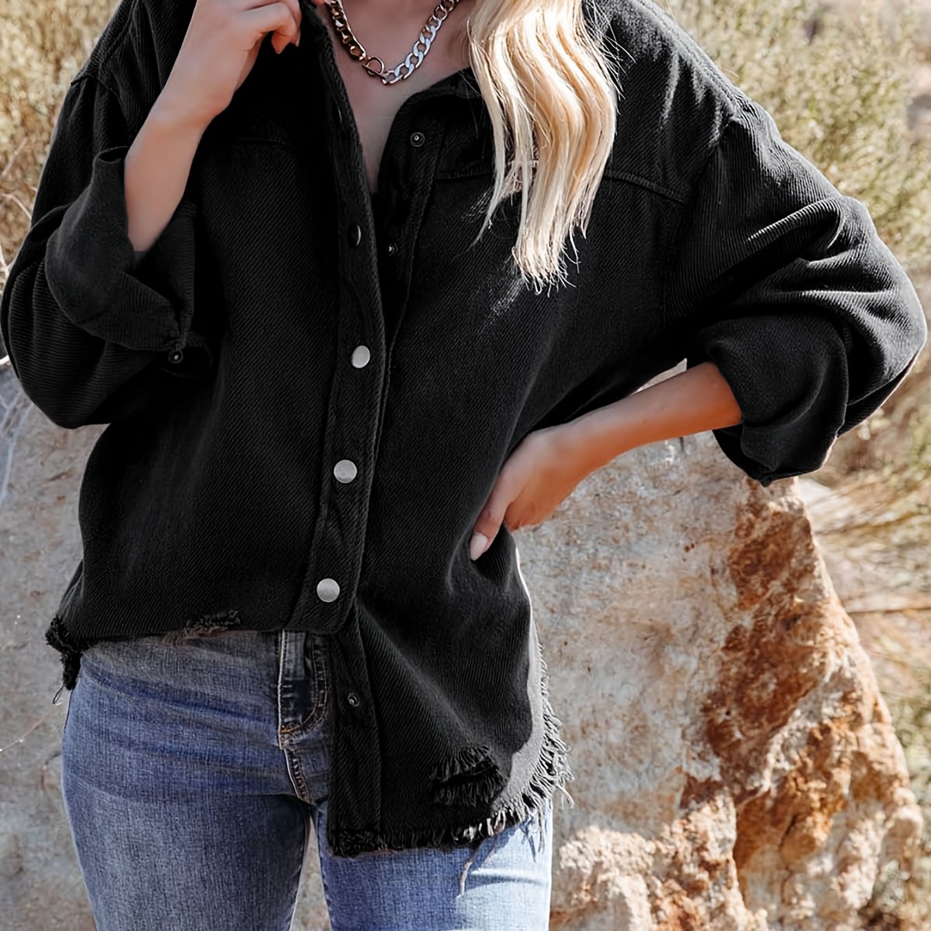 Black Raw Hem Denim Jackets, Long Sleeves Single Breasted Button Lapel Denim Shirt, Women's Denim Clothing