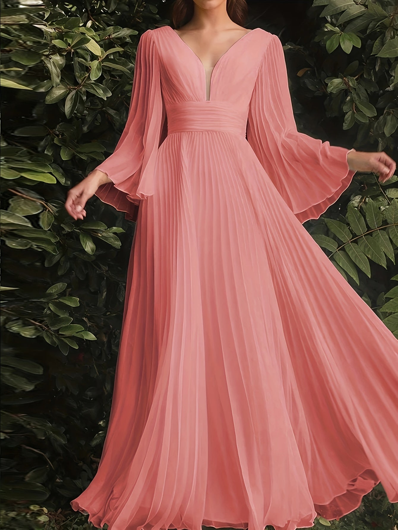 gbolsos Plus Size Solid Pleated Bridesmaid Dress, Elegant V-neck Flare Sleeve Maxi Dress For Wedding Party, Women's Plus Size Clothing