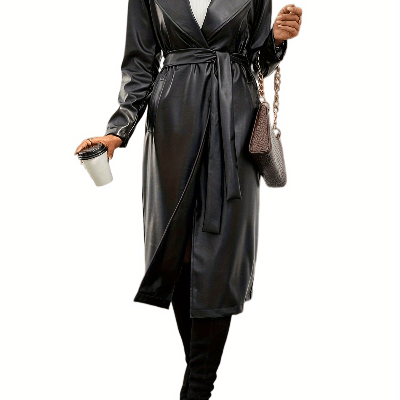gbolsos Open Front Faux Leather Overcoat, Vintage Belted Open Front Lapel Solid Outwear, Women's Clothing