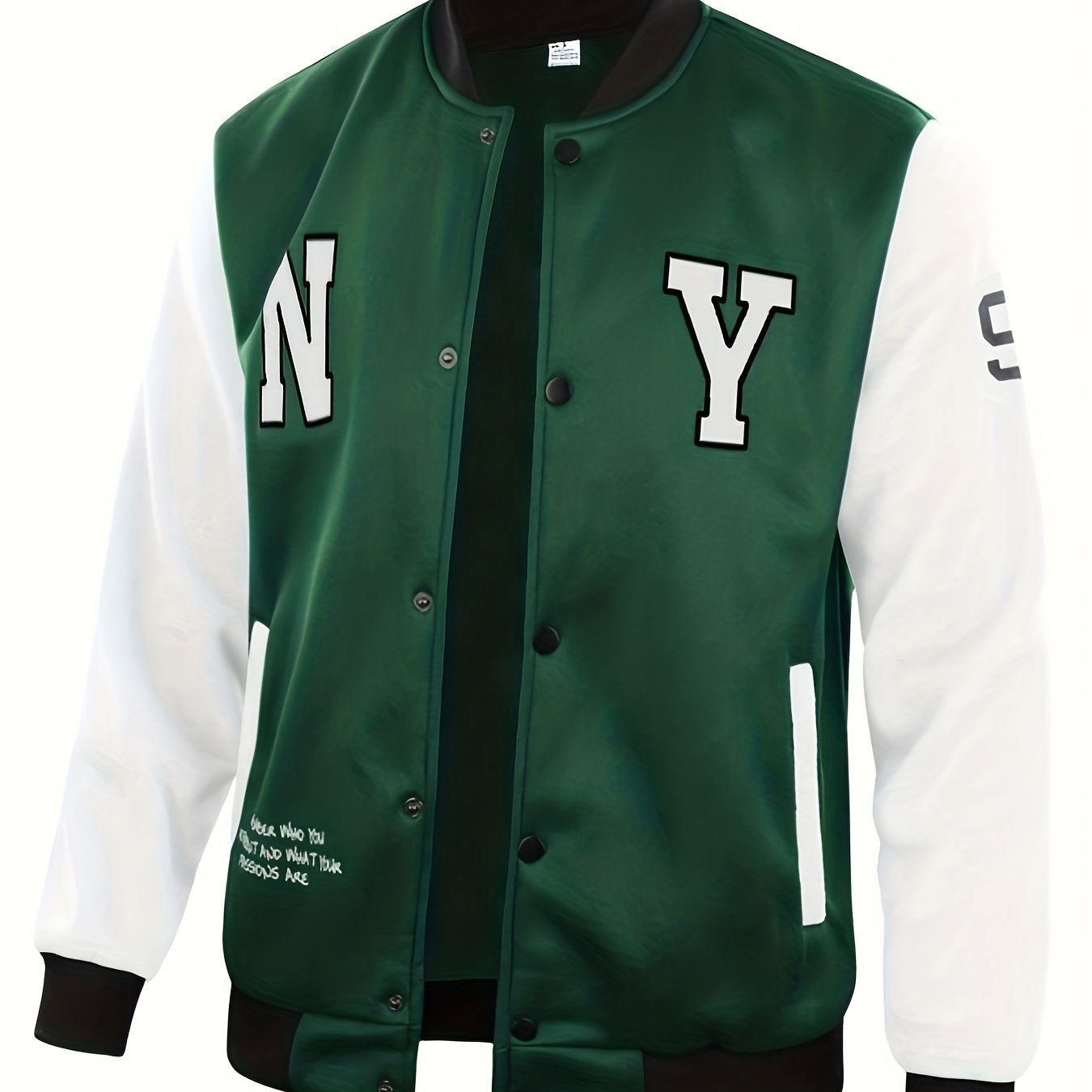 gbolsos NY Print Varsity Jacket, Men's Casual Slightly Stretchy Baseball Jacket Contrast Colors Stitching Coat Regular Fit College Hipster Windbreaker For Spring Autumn