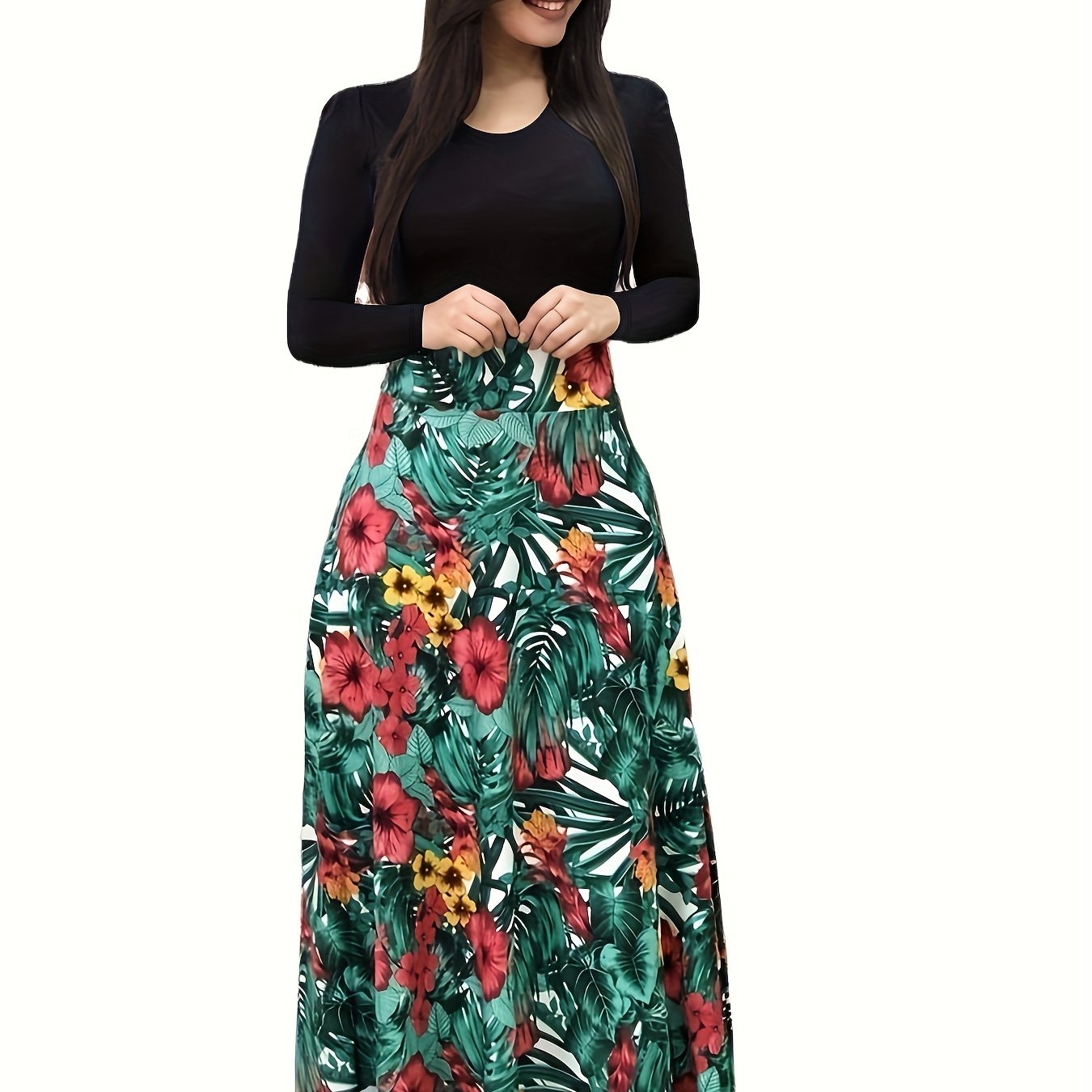 Floral Print Long Sleeve Dress, Elegant Crew Neck Pleated Maxi Dress, Women's Clothing