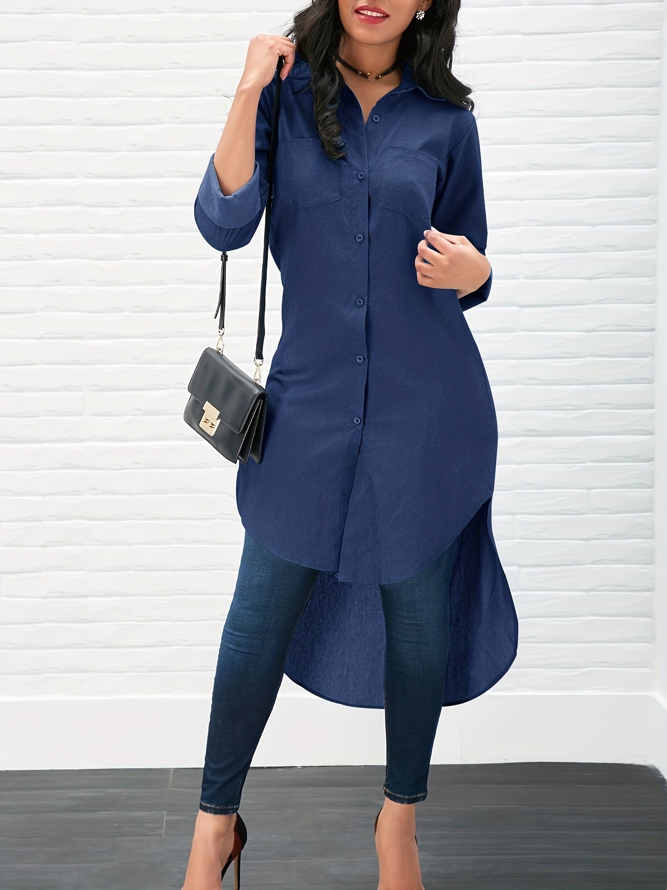 gbolsos Solid Long Sleeve Button Down Lapel Irregular Hem Shirt, Elegant Pockets Stylish Comfy Shirt, Women's Clothing