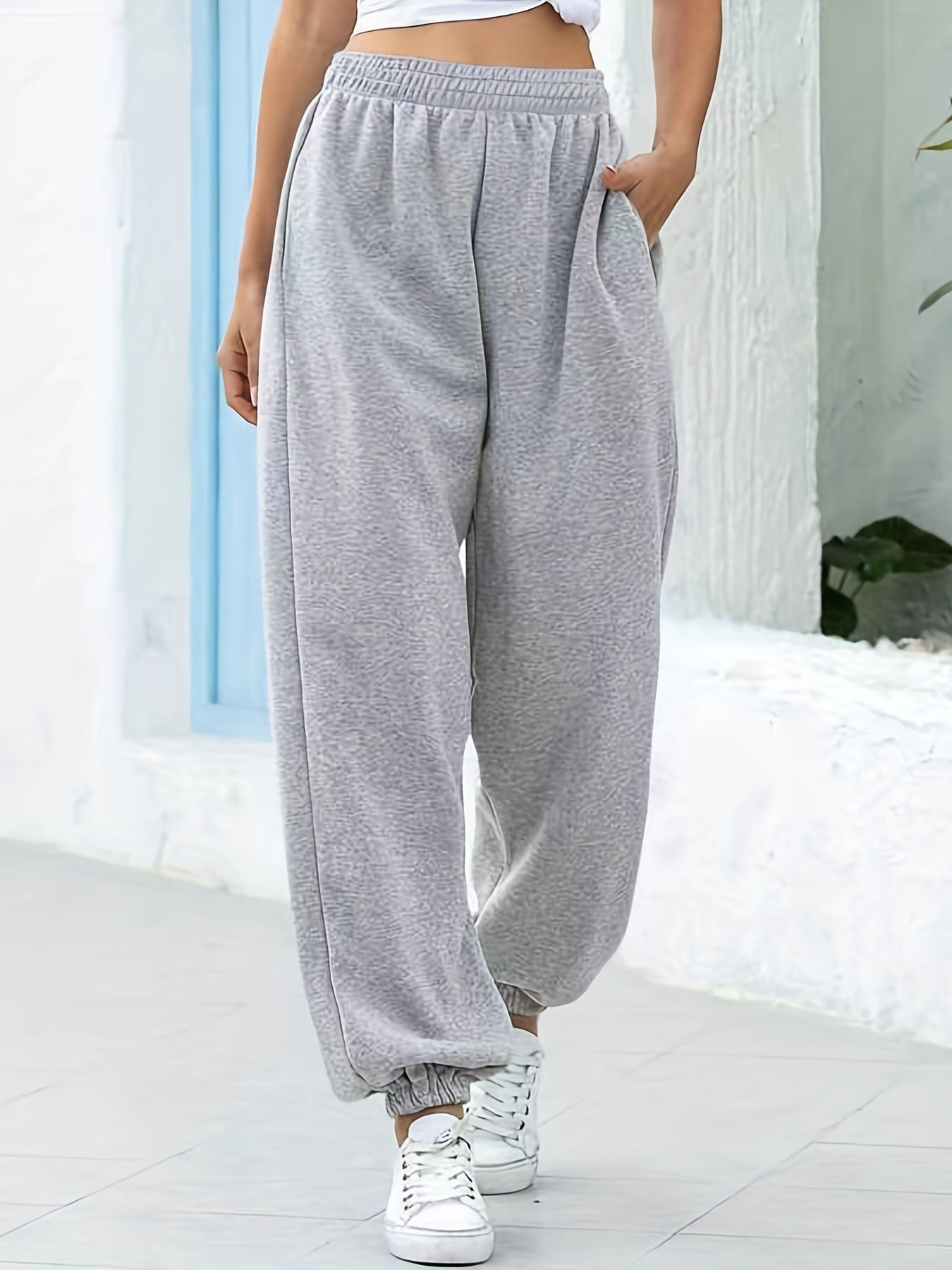 gbolsos Women's Solid Elastic Sweatpants, Casual High Waist Sweatpants, Casual Every Day Pants, Women's Clothing
