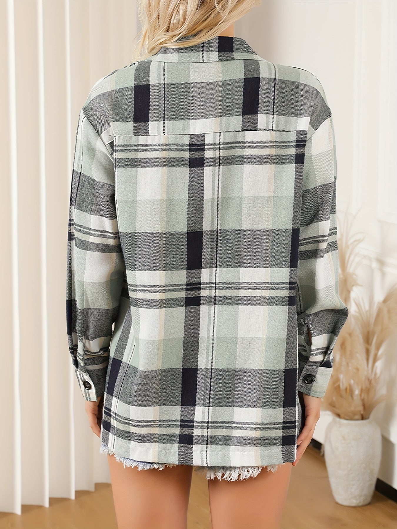 gbolsos Plaid Pattern Button Front Shirt, Vintage Long Sleeve Lapel Shirt, Women's Clothing