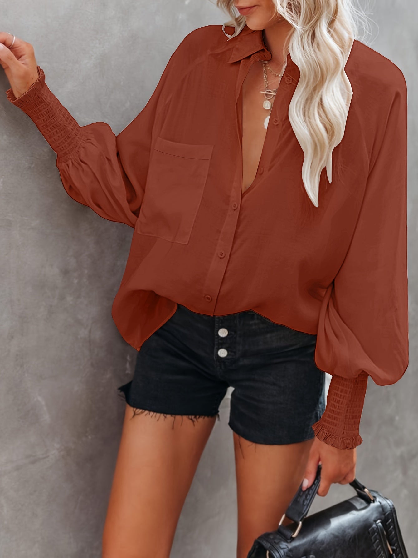 Button Front Pocket Shirred Shirt, Casual Lantern Sleeve Shirt For Spring & Fall, Women's Clothing