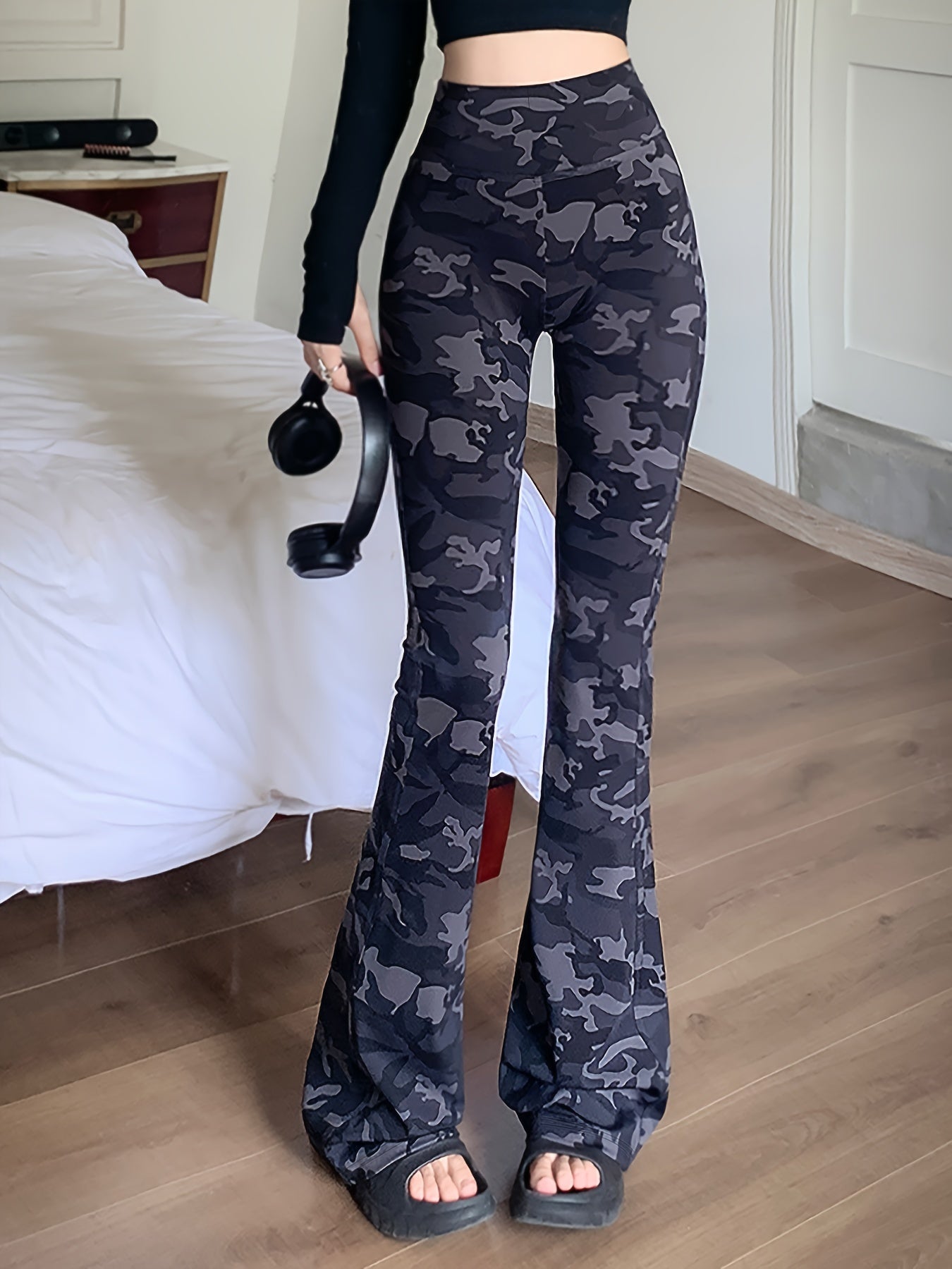 gbolsos Camo Print High Waist Pants, Casual Slim Pants For Spring & Summer, Women's Clothing