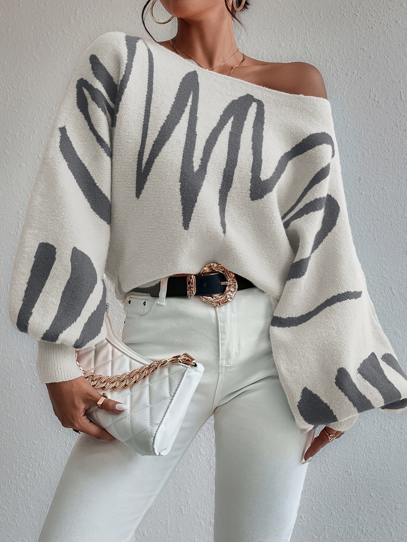 gbolsos Graphic Pattern Boat Neck Pullover Sweater, Elegant Lantern Sleeve Oversized Sweater, Women's Clothing