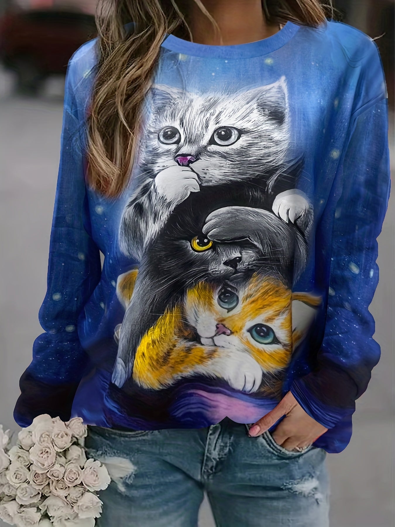 gbolsos Cute Cat Print Sweatshirt, Casual Long Sleeve Crew Neck Sweatshirt For Spring & Fall, Women's Clothing