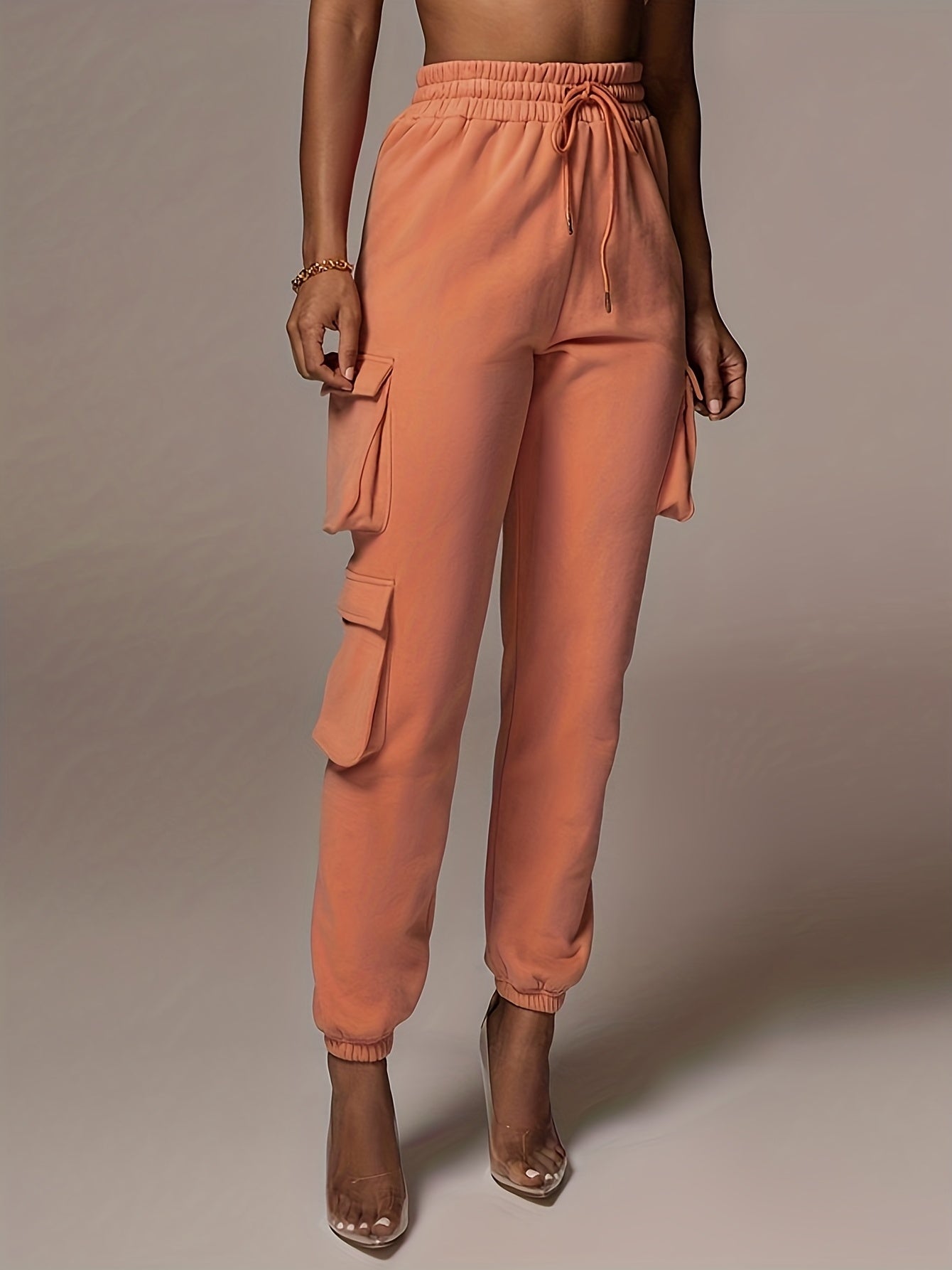 gbolsos Drawstring Baggy Cargo Pants, Casual High Waist Flap Pockets Pants, Women's Clothing
