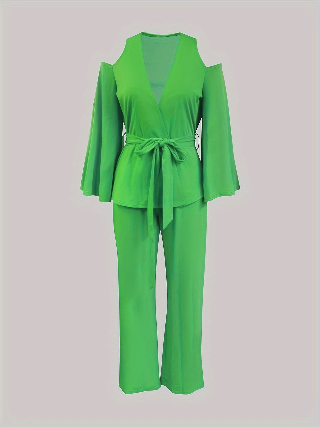 gbolsos Solid Casual Two-piece Set, Cold Shoulder V Neck Tops & Wide Leg Long Length Pants Outfits, Women's Clothing